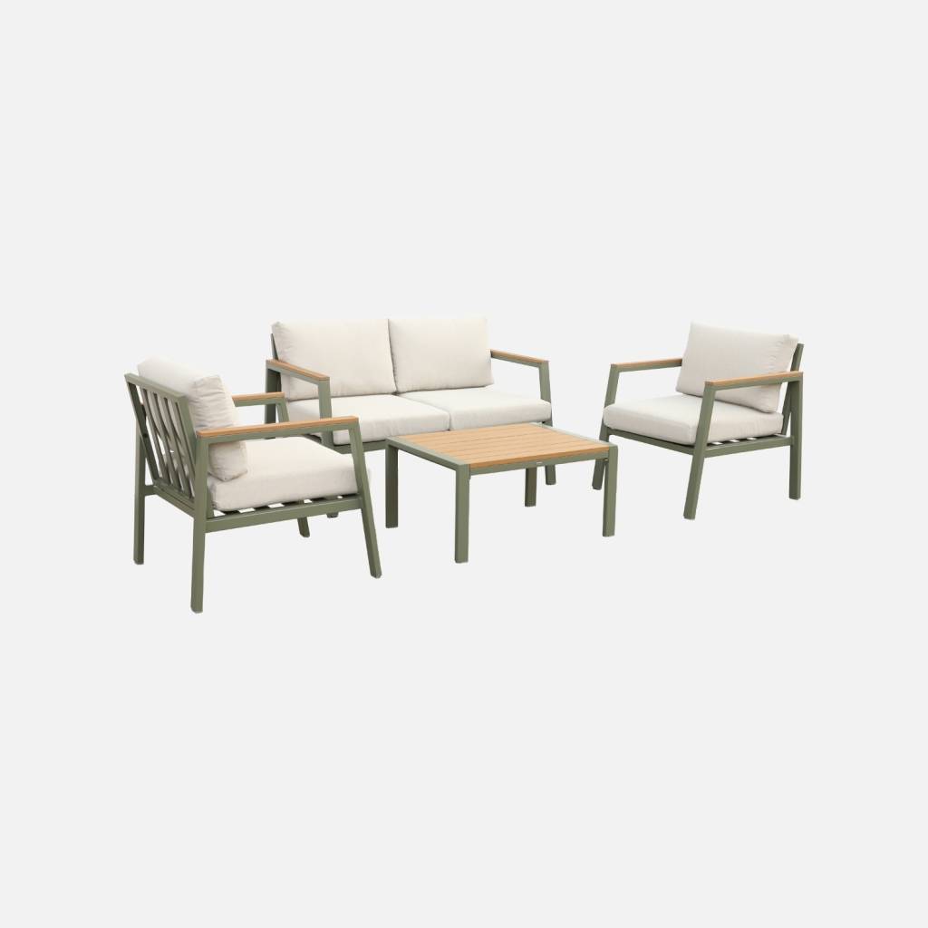 Conjunto de jardim com sofá e poltronas em alumínio e madeira, 4 lugares, Verde caqui