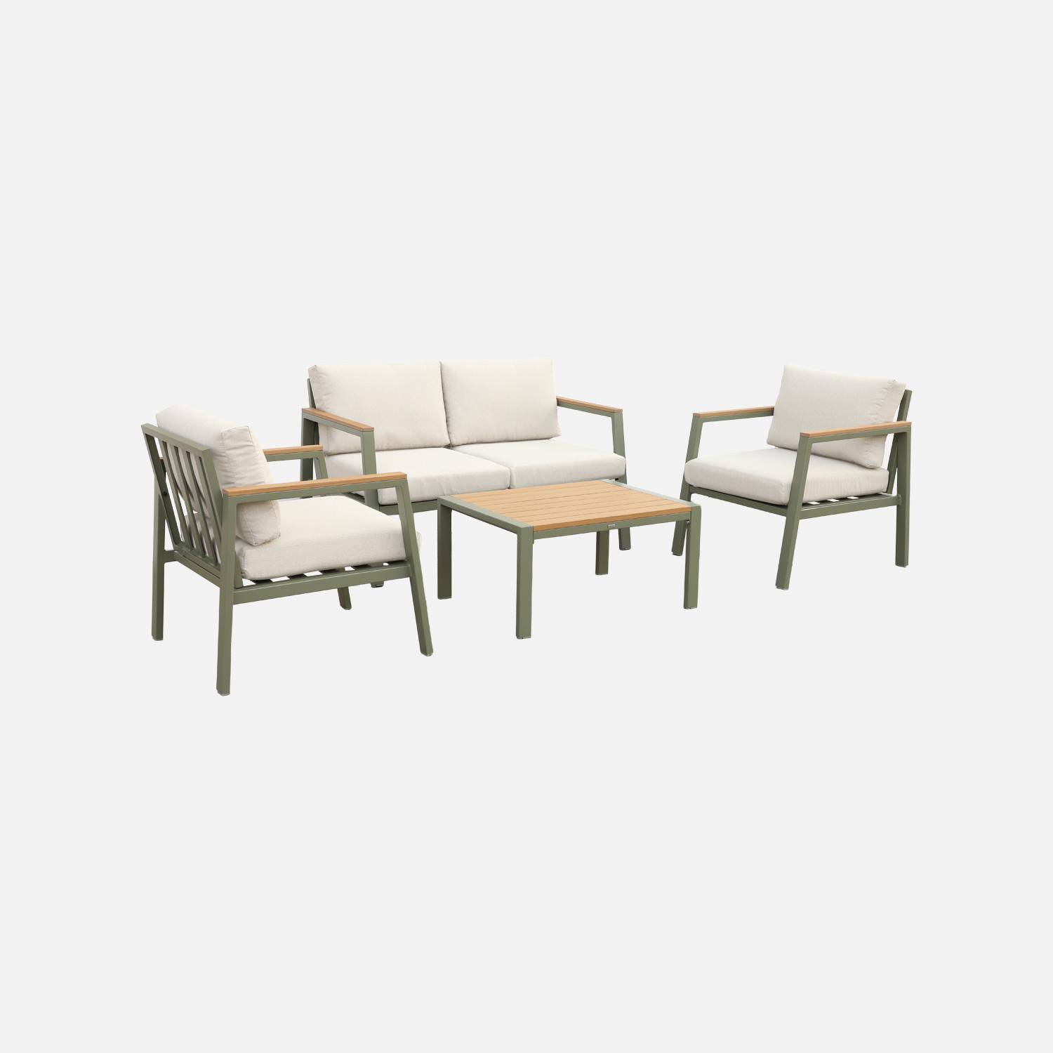 Salon de jardin Casoria, kaki et beige, aluminium et polywood 4 places, 1 canapé, 2 fauteuils, 1 table basse,sweeek,Photo6