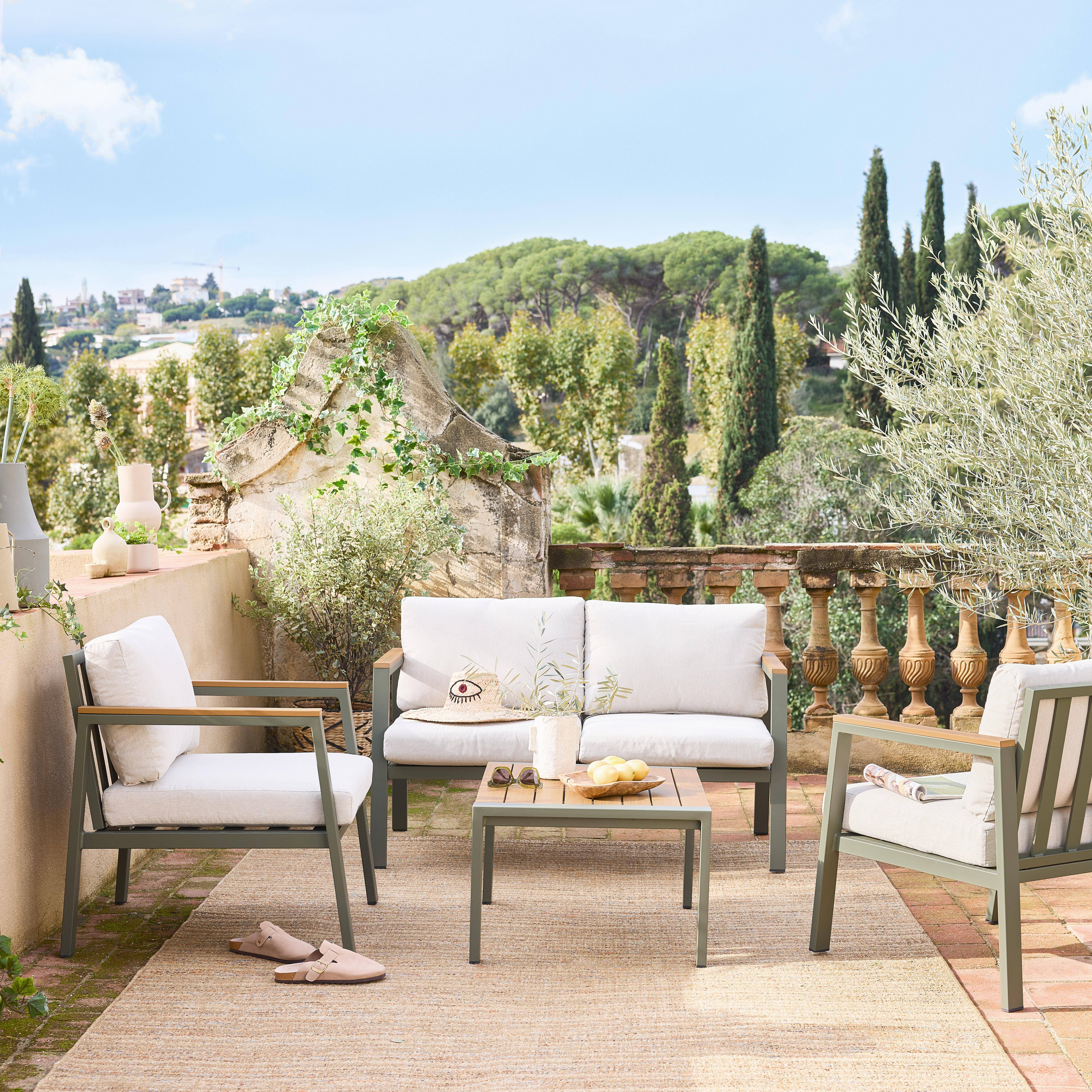 Salon de jardin Casoria, kaki et beige, aluminium et polywood 4 places, 1 canapé, 2 fauteuils, 1 table basse Photo1