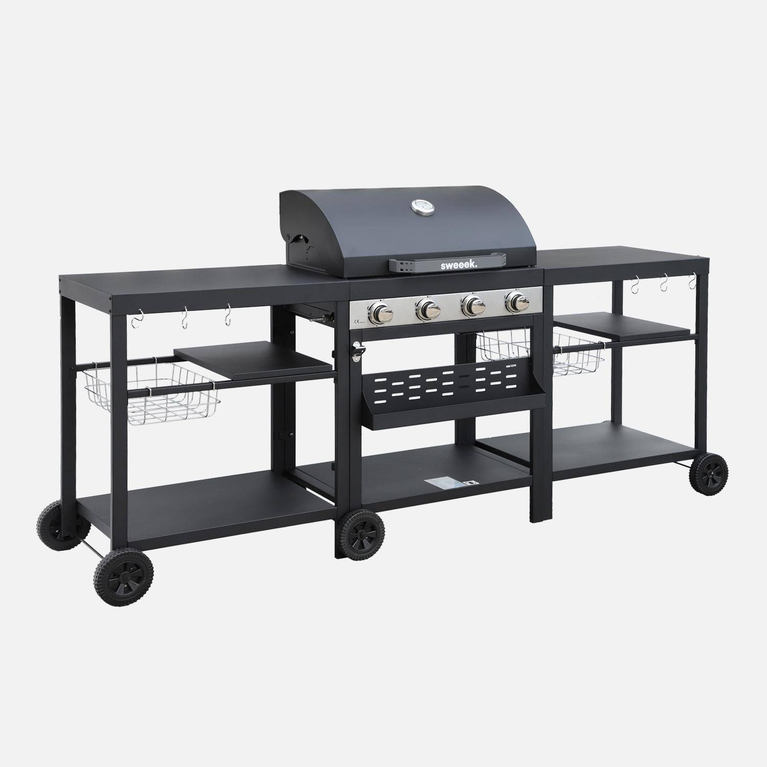 Barbecue A Gas 4+1 Bruciatori - Colore Rosso, Acciaio Inox - Con Ruote E Ripiani - 156x58x121 Cm - Foto 7