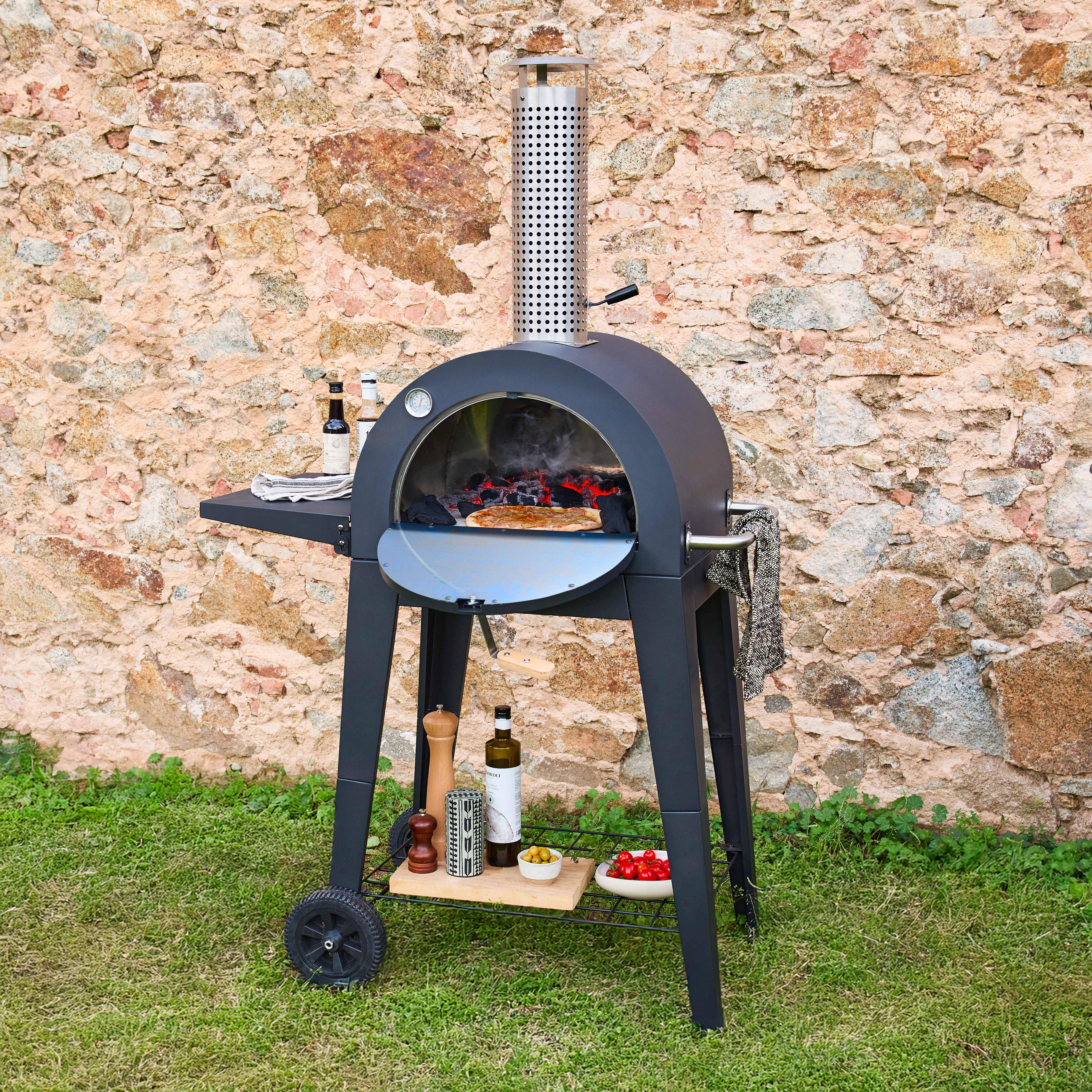Forno per pizza da esterno con ripiano, Giulia, Nero, 70x63x122 cm Photo1