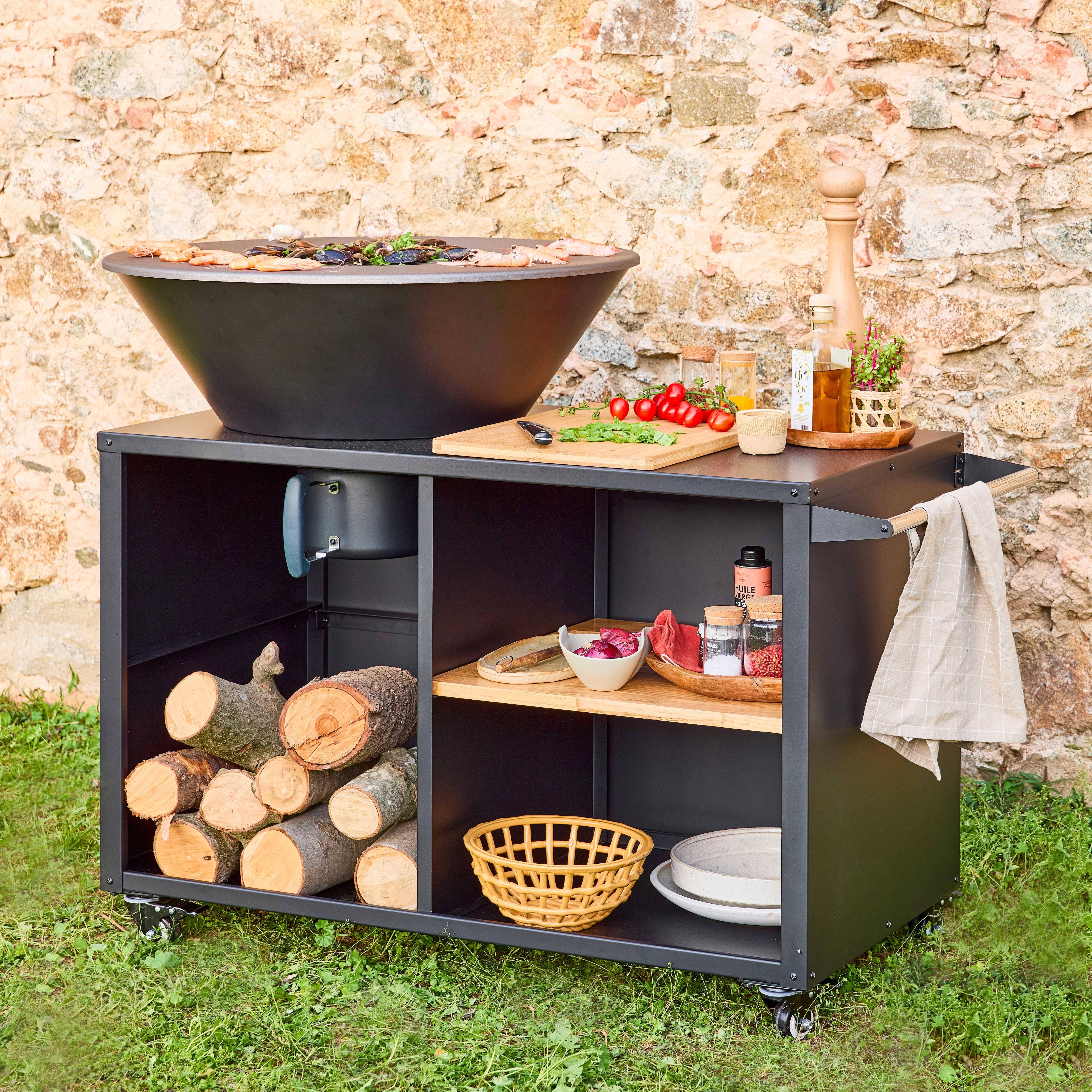 Brasero barbecue  Ø80cm - Stromboli - coloris noir avec grille de cuisson et espace de rangement, L 138 x P 82 x H 114 cm Photo1