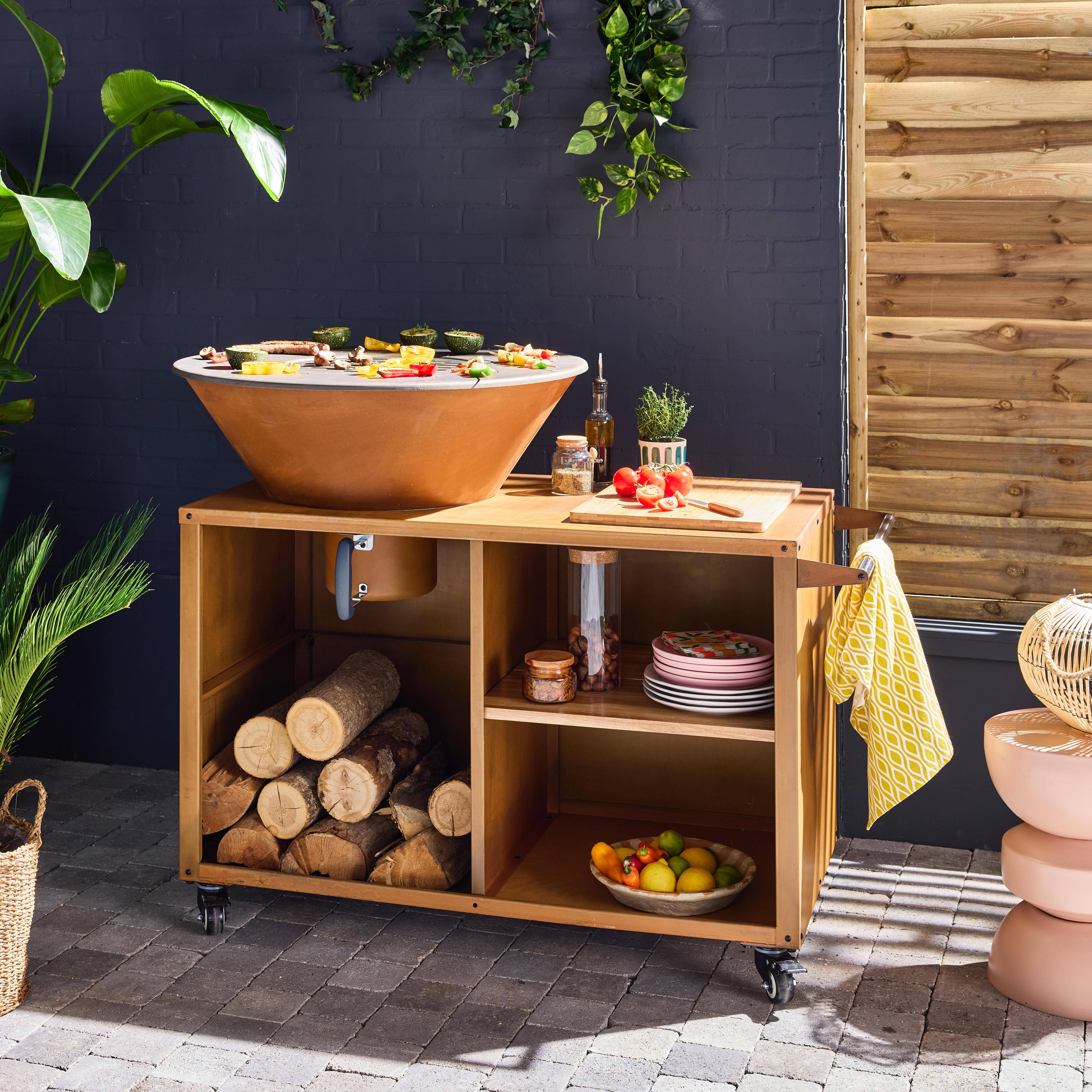 Kookvuur Ø80cm - Stromboli - corten kleur met kookrooster en opbergruimte, L 138 x D 82 x H 114 cm Photo1