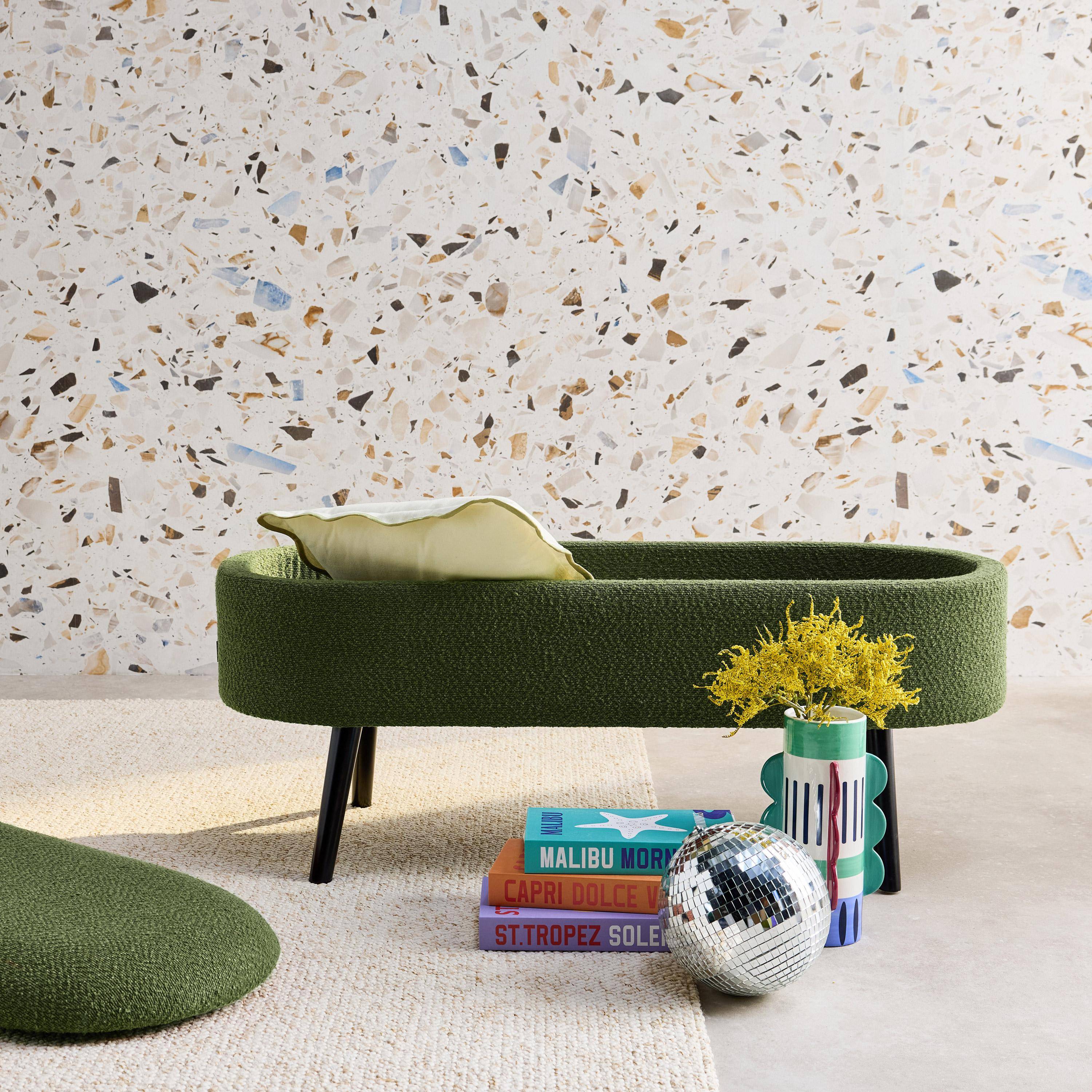 Banc Bout De Lit Sweeek - Tissu Bouclette Blanc Crème - 100x44x41 Cm - Bois Eucalyptus - 110 Kg