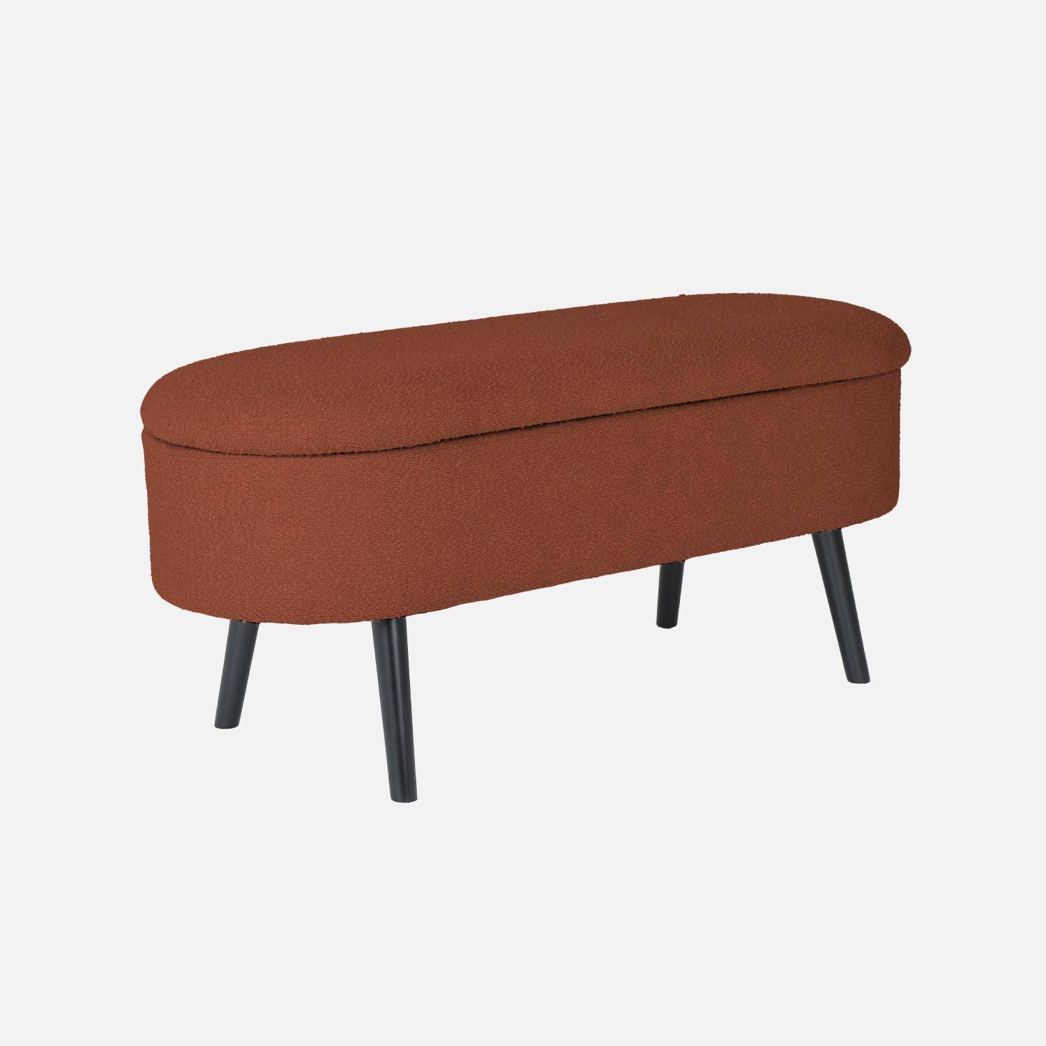Bank, bedeinde met bouclébekleding, roestkleur, zwarte houten poten, L 112 x 44 x 50cm,sweeek,Photo4