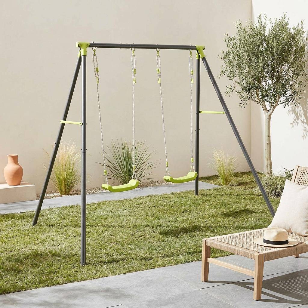 Gestell mit 2 Schaukeln aus Metall, schwarz und grün, Stahl, L 217 x T 153 x H 195 cm -  Bise Photo1