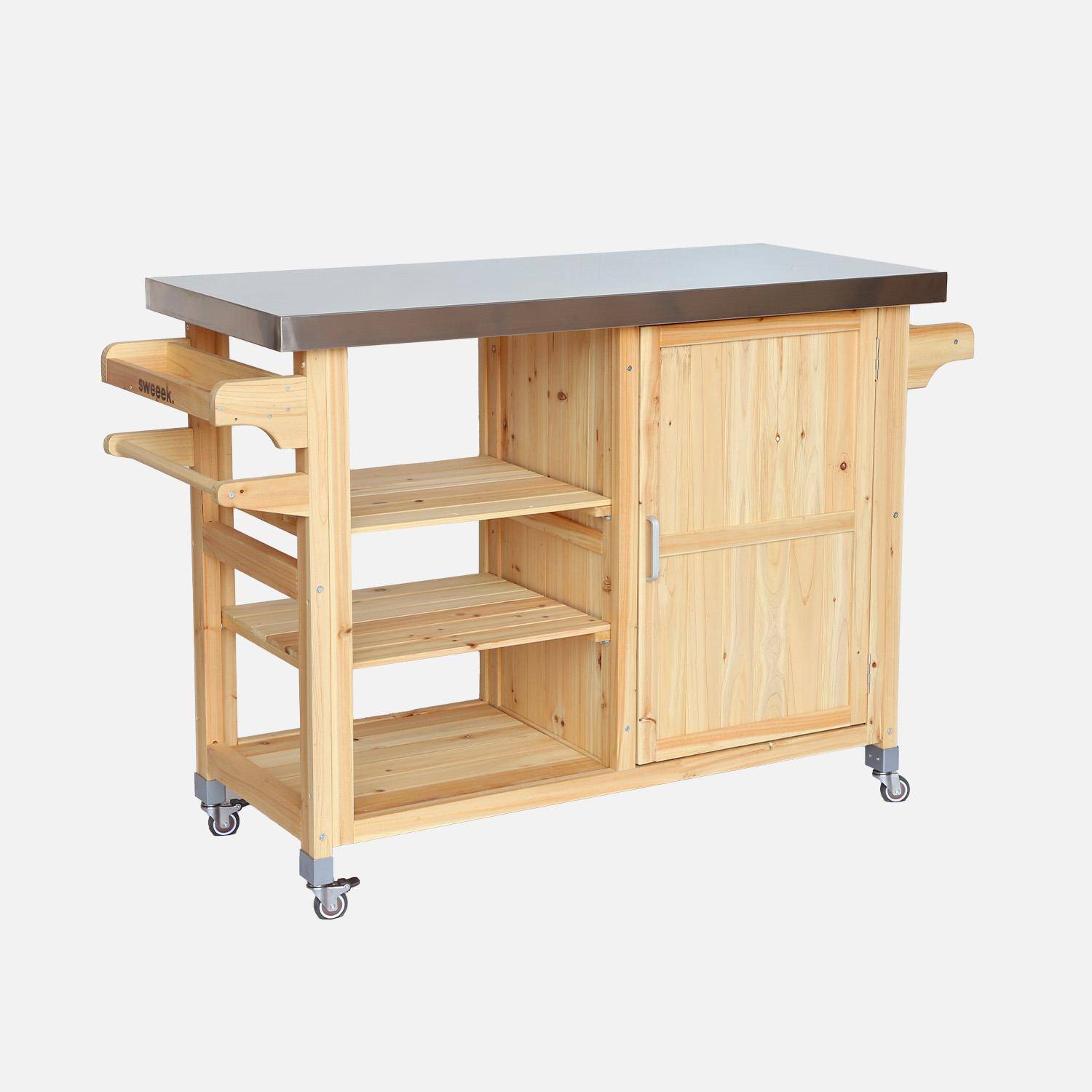 Outdoor-Küchenwagen 115 cm aus Tannenholz naturfarben mit Griffen, 4 Rädern und 5 Ablageflächen, L 115 x B 51,5 x H 90 cm - Lupine Photo4