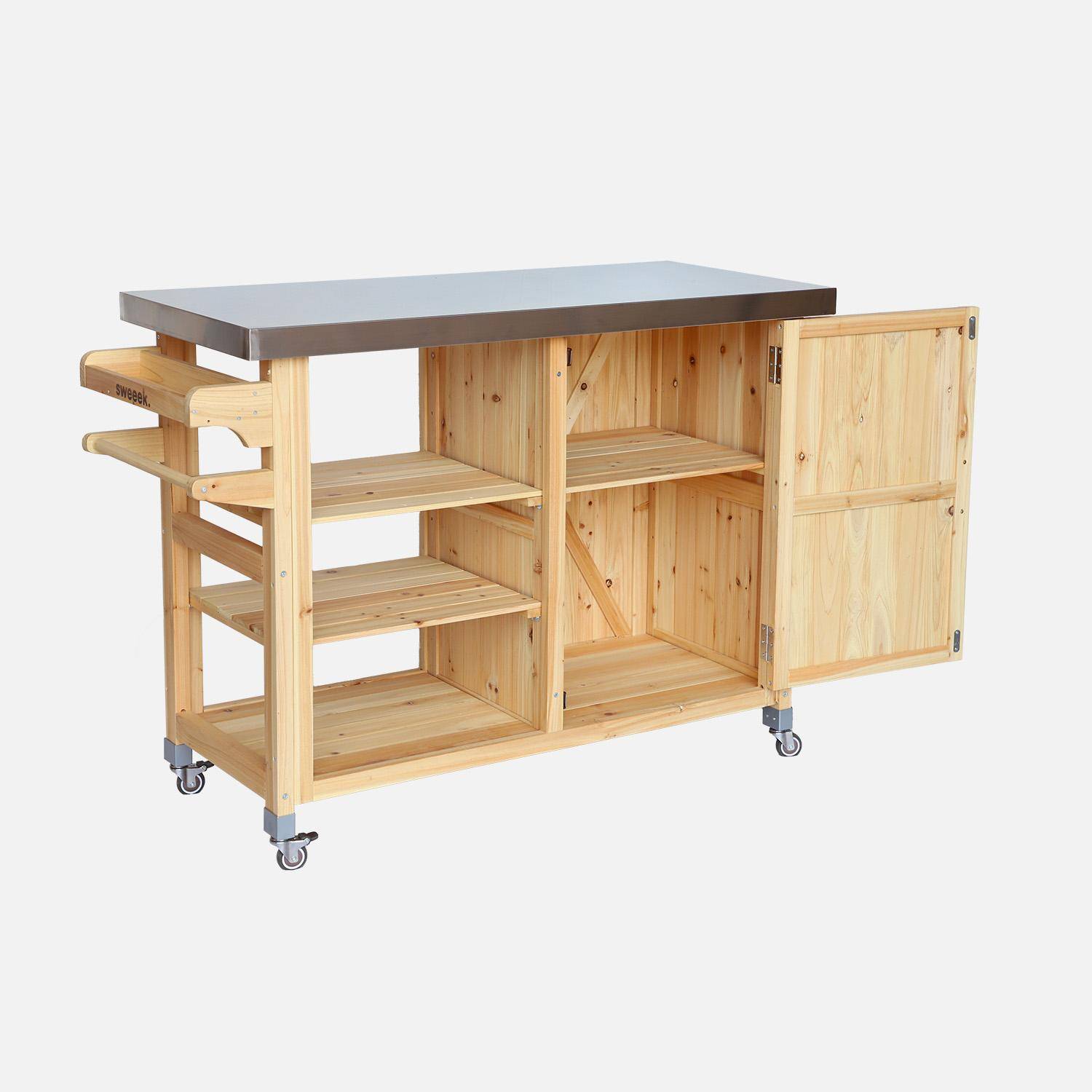 Outdoor-Küchenwagen 115 cm aus Tannenholz naturfarben mit Griffen, 4 Rädern und 5 Ablageflächen, L 115 x B 51,5 x H 90 cm - Lupine Photo5