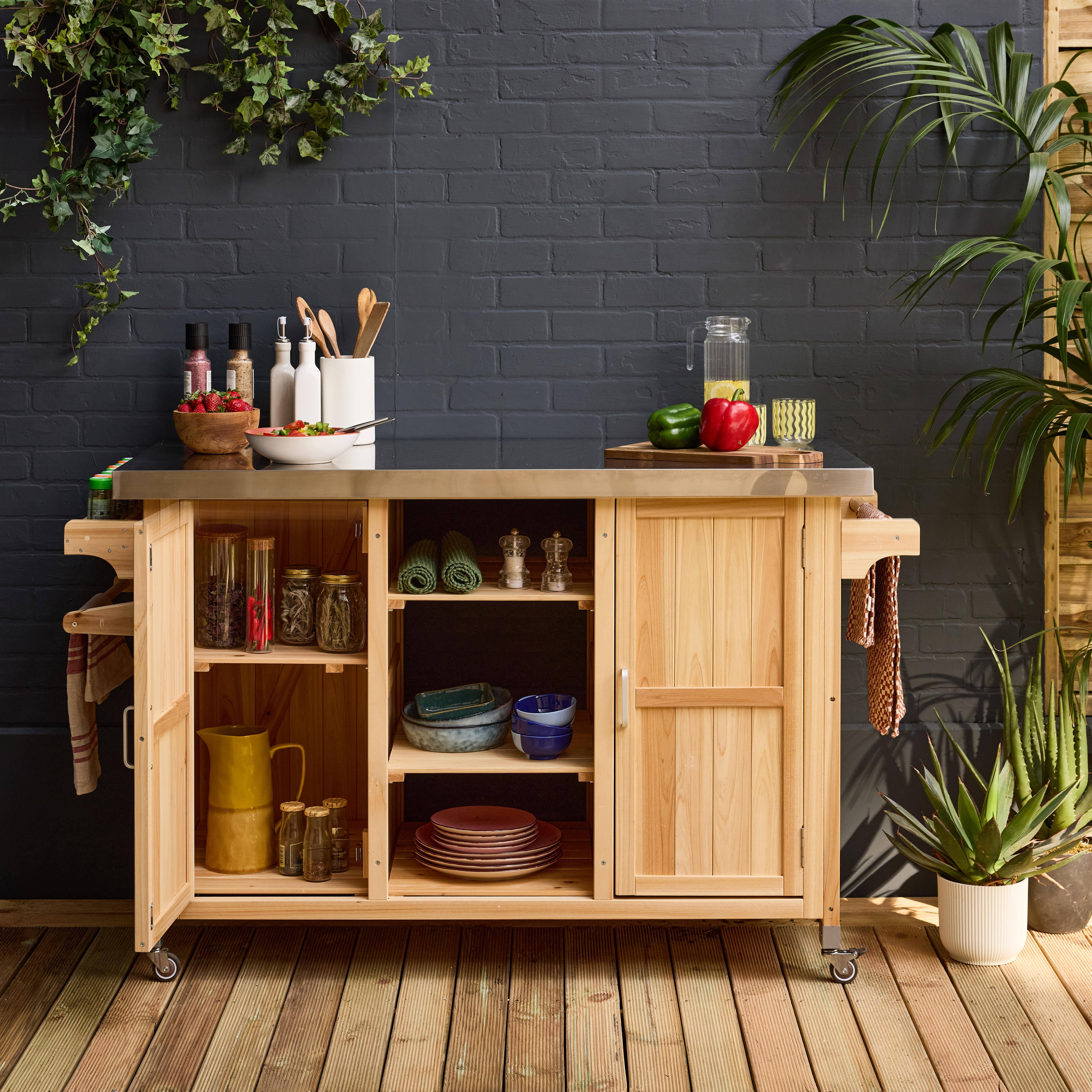 130 cm dennenhouten barbecue dressoir met handgrepen, 4 wielen en 7 opbergruimtes, L 130 x B 60 x H 89,5cm Photo2