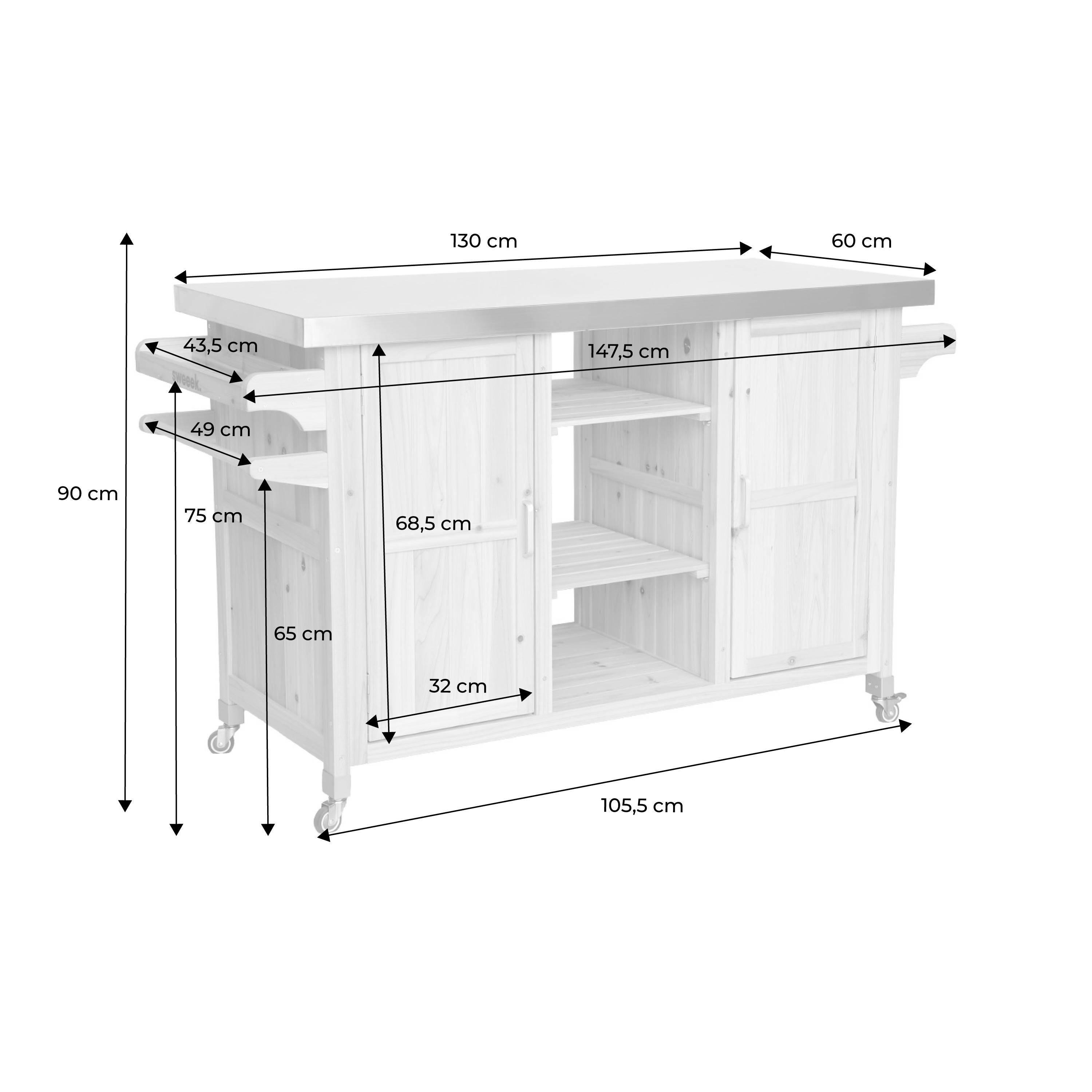 130 cm dennenhouten barbecue dressoir met handgrepen, 4 wielen en 7 opbergruimtes, L 130 x B 60 x H 89,5cm Photo9