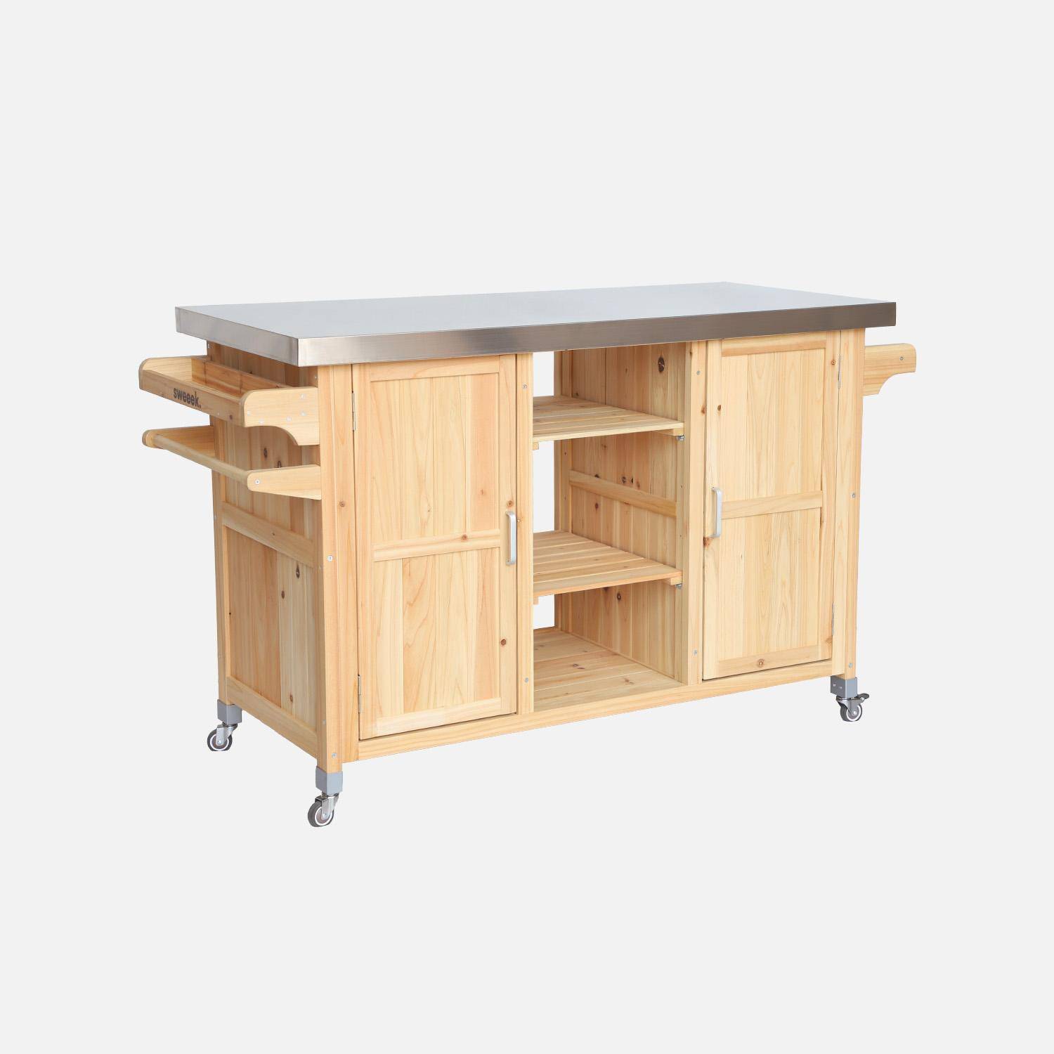 130 cm dennenhouten barbecue dressoir met handgrepen, 4 wielen en 7 opbergruimtes, L 130 x B 60 x H 89,5cm Photo4