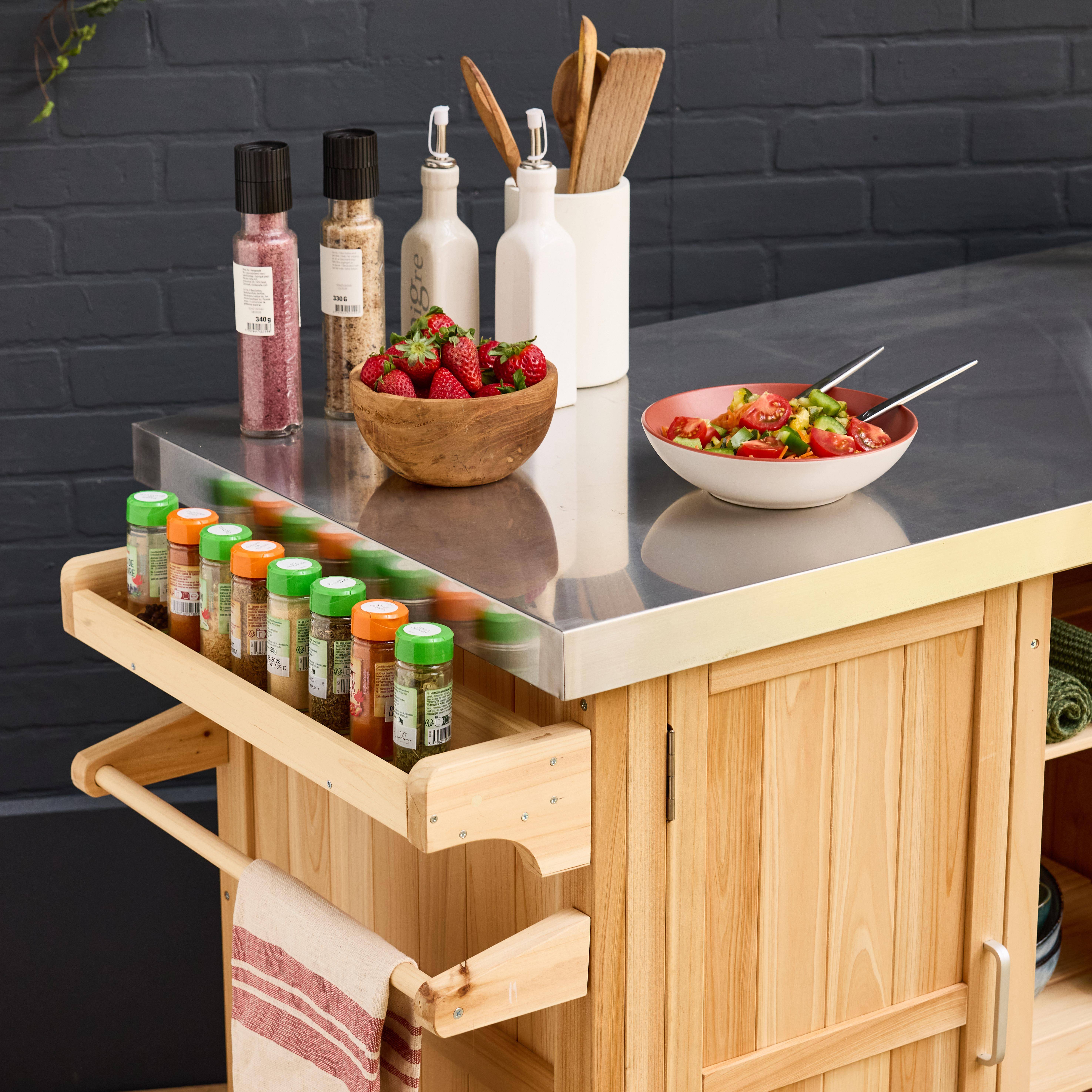 130 cm dennenhouten barbecue dressoir met handgrepen, 4 wielen en 7 opbergruimtes, L 130 x B 60 x H 89,5cm Photo3