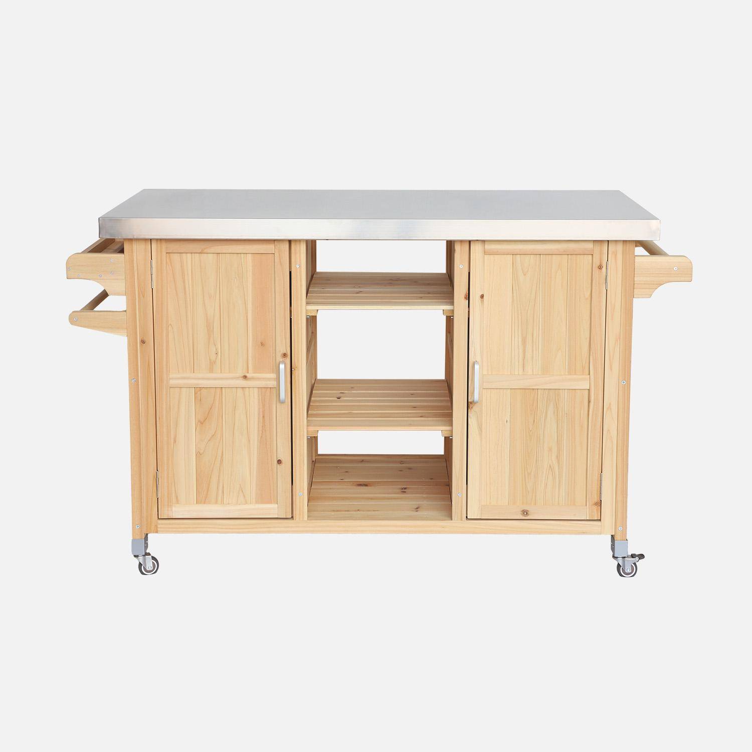 130 cm dennenhouten barbecue dressoir met handgrepen, 4 wielen en 7 opbergruimtes, L 130 x B 60 x H 89,5cm Photo6