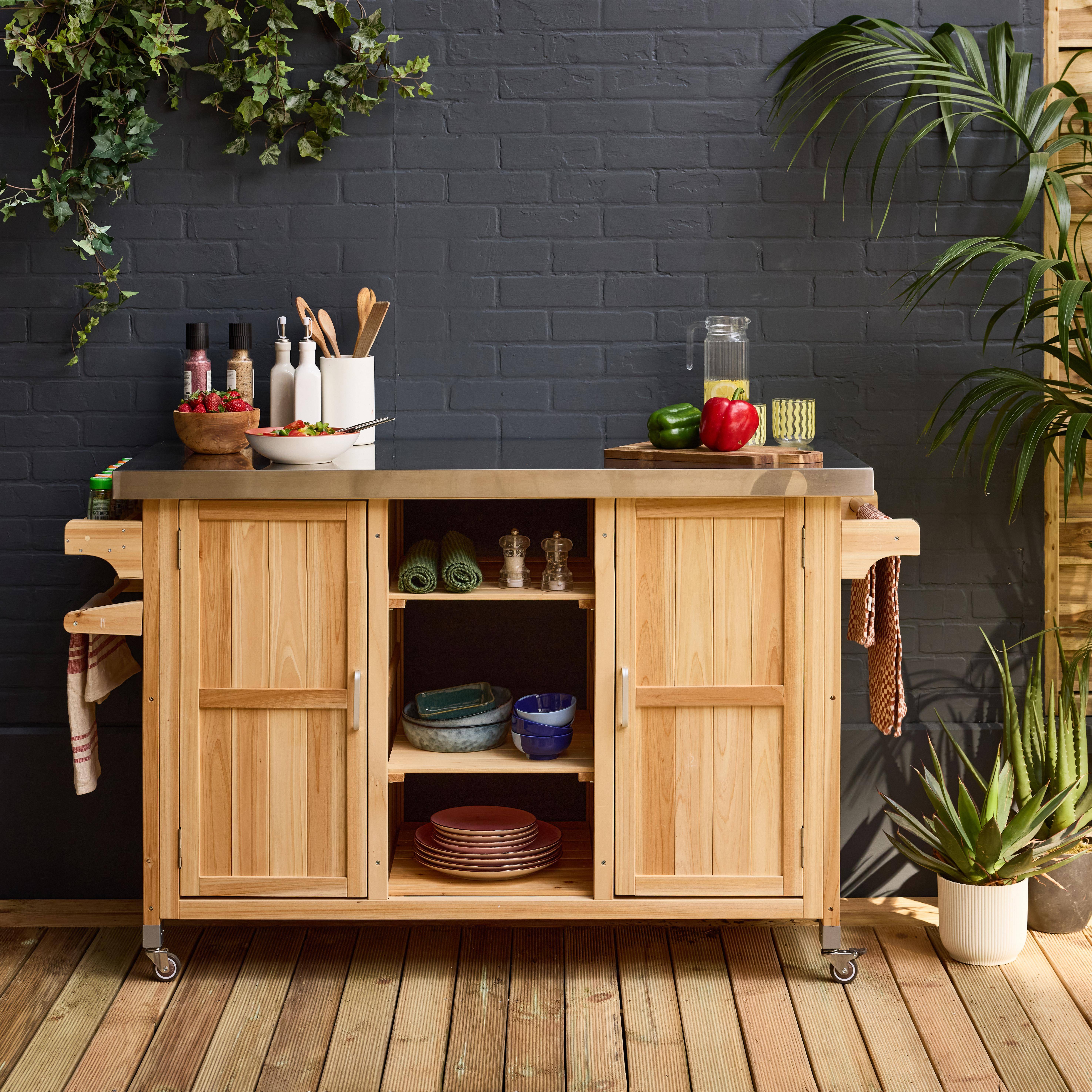130 cm dennenhouten barbecue dressoir met handgrepen, 4 wielen en 7 opbergruimtes, L 130 x B 60 x H 89,5cm Photo1