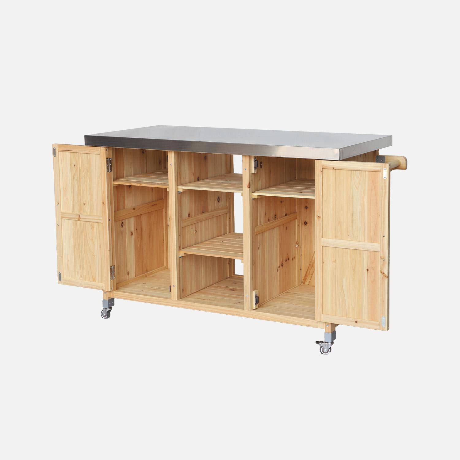 130 cm dennenhouten barbecue dressoir met handgrepen, 4 wielen en 7 opbergruimtes, L 130 x B 60 x H 89,5cm Photo5