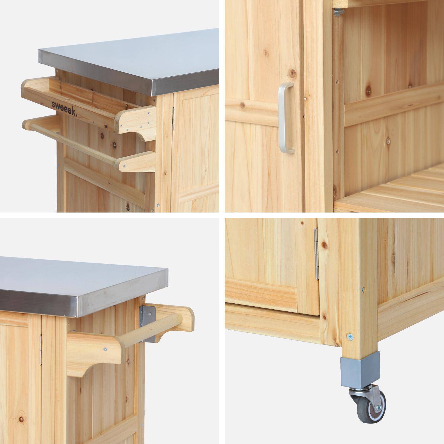 130 cm dennenhouten barbecue dressoir met handgrepen, 4 wielen en 7 opbergruimtes, L 130 x B 60 x H 89,5cm Photo7