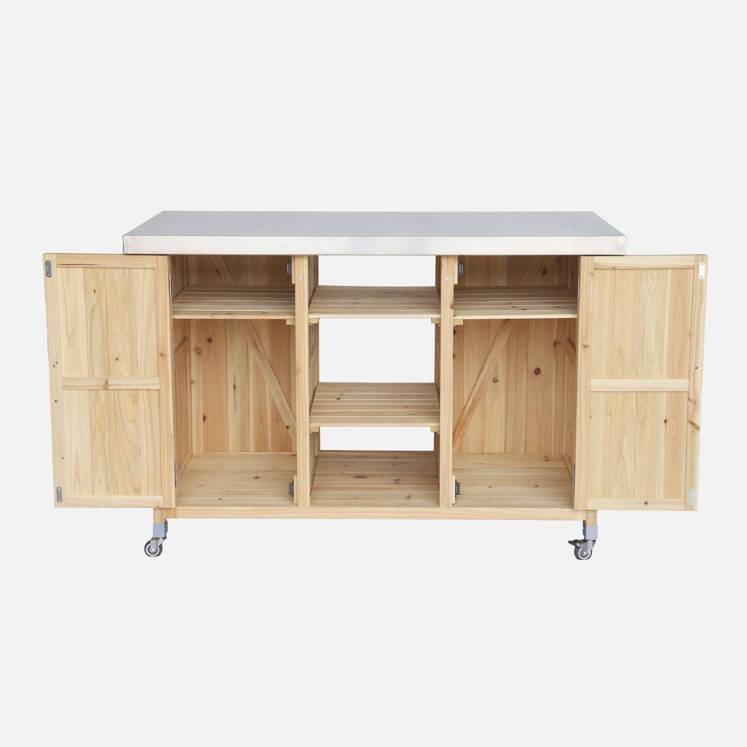 130 cm dennenhouten barbecue dressoir met handgrepen, 4 wielen en 7 opbergruimtes, L 130 x B 60 x H 89,5cm Photo8