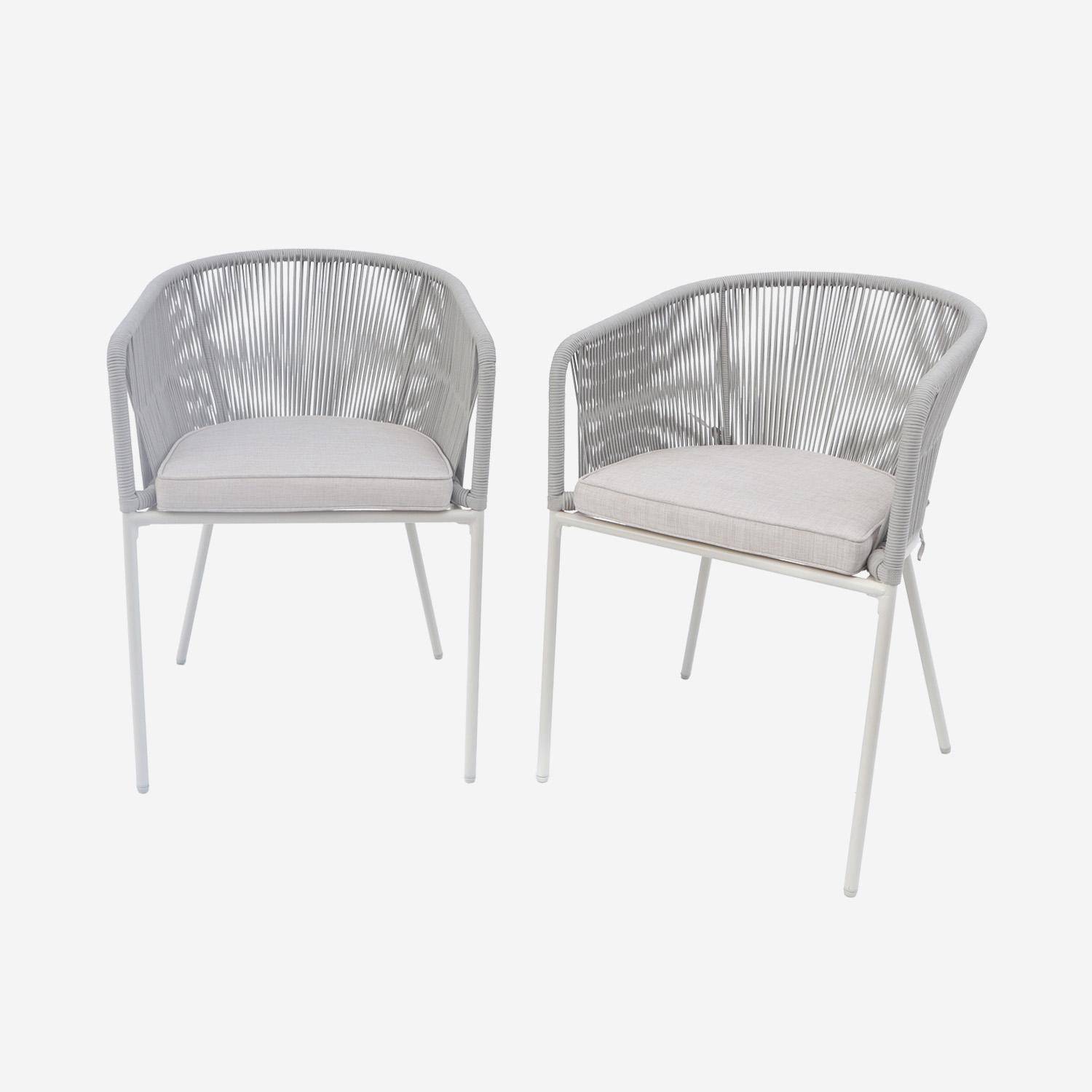 Lot de 2 fauteuils de jardin en corde beige et acier galvanisé, coussins gris  Photo3