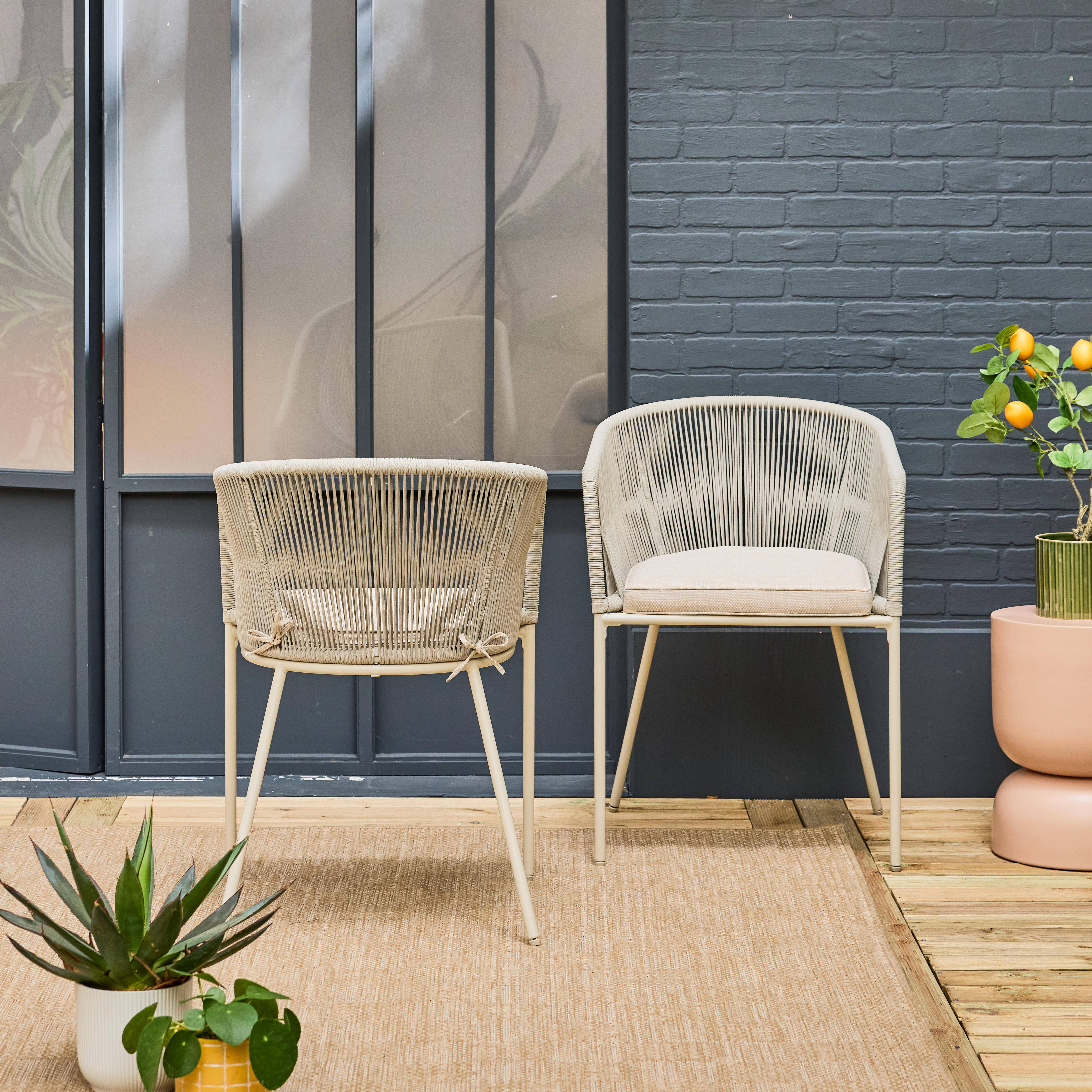 Lot de 2 fauteuils de jardin en corde beige et acier galvanisé, coussins gris  Photo2