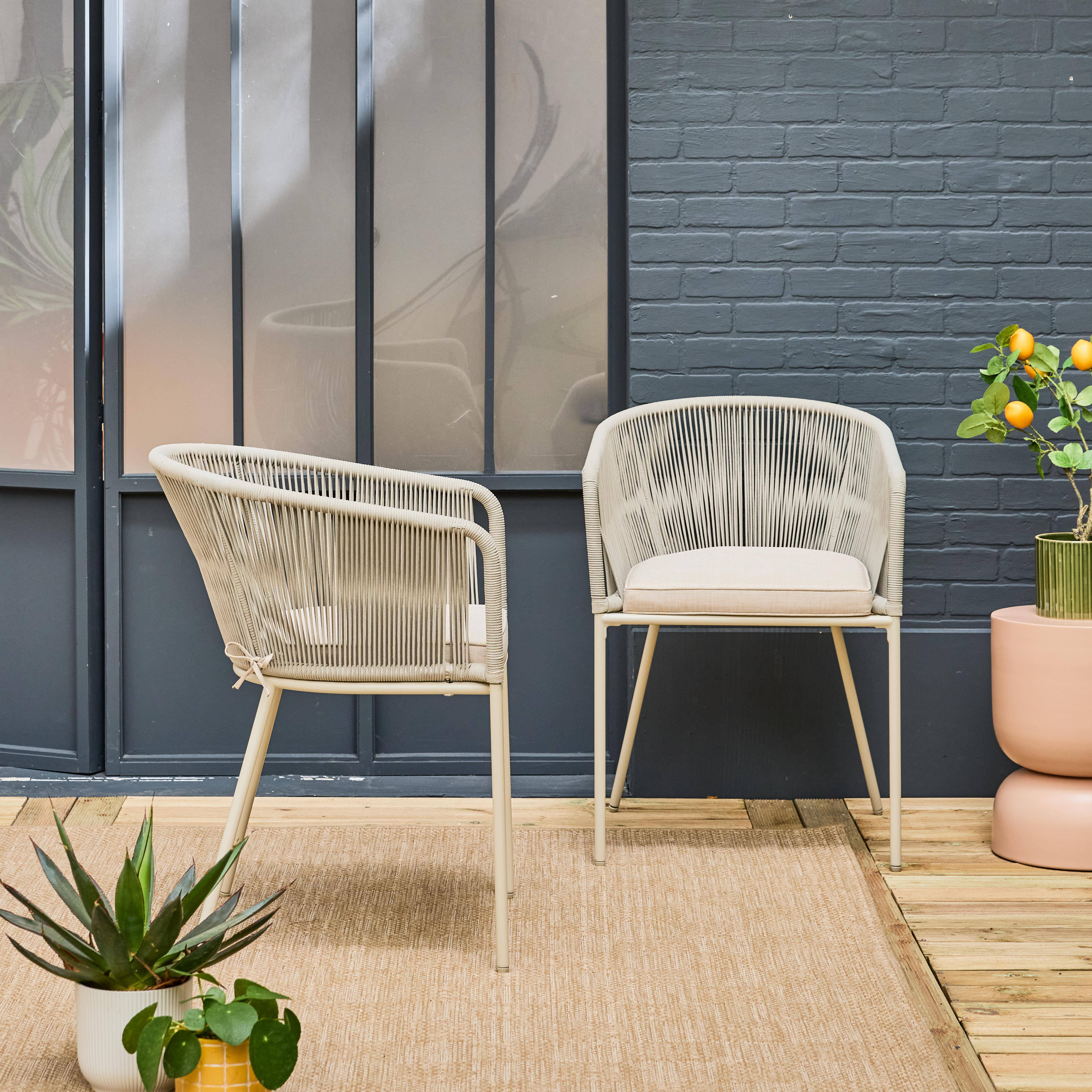 Lot de 2 fauteuils de jardin en corde beige et acier galvanisé, coussins gris  Photo1