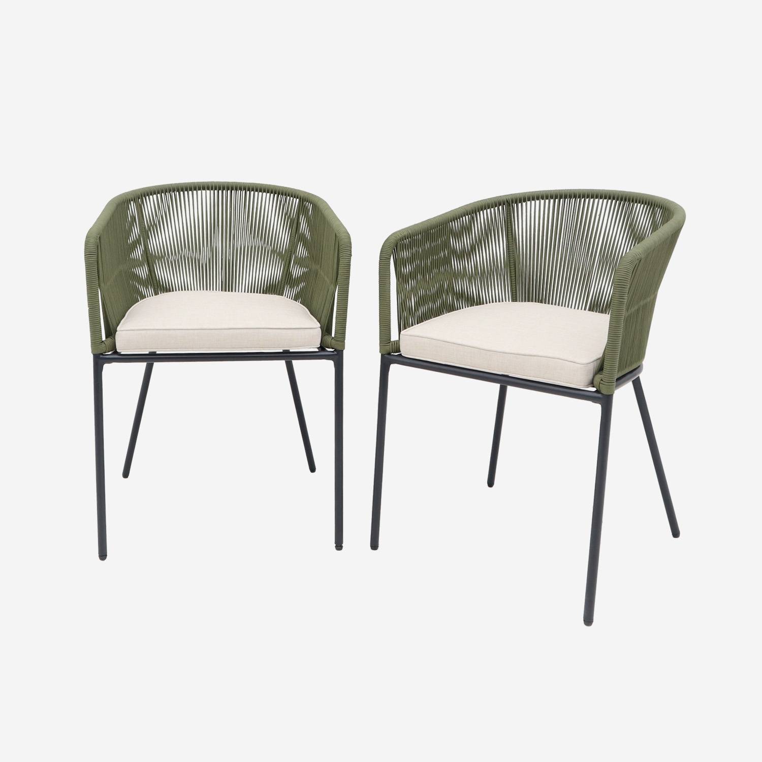 2 fauteuils de jardin, corde kaki, coussins gris | sweeek