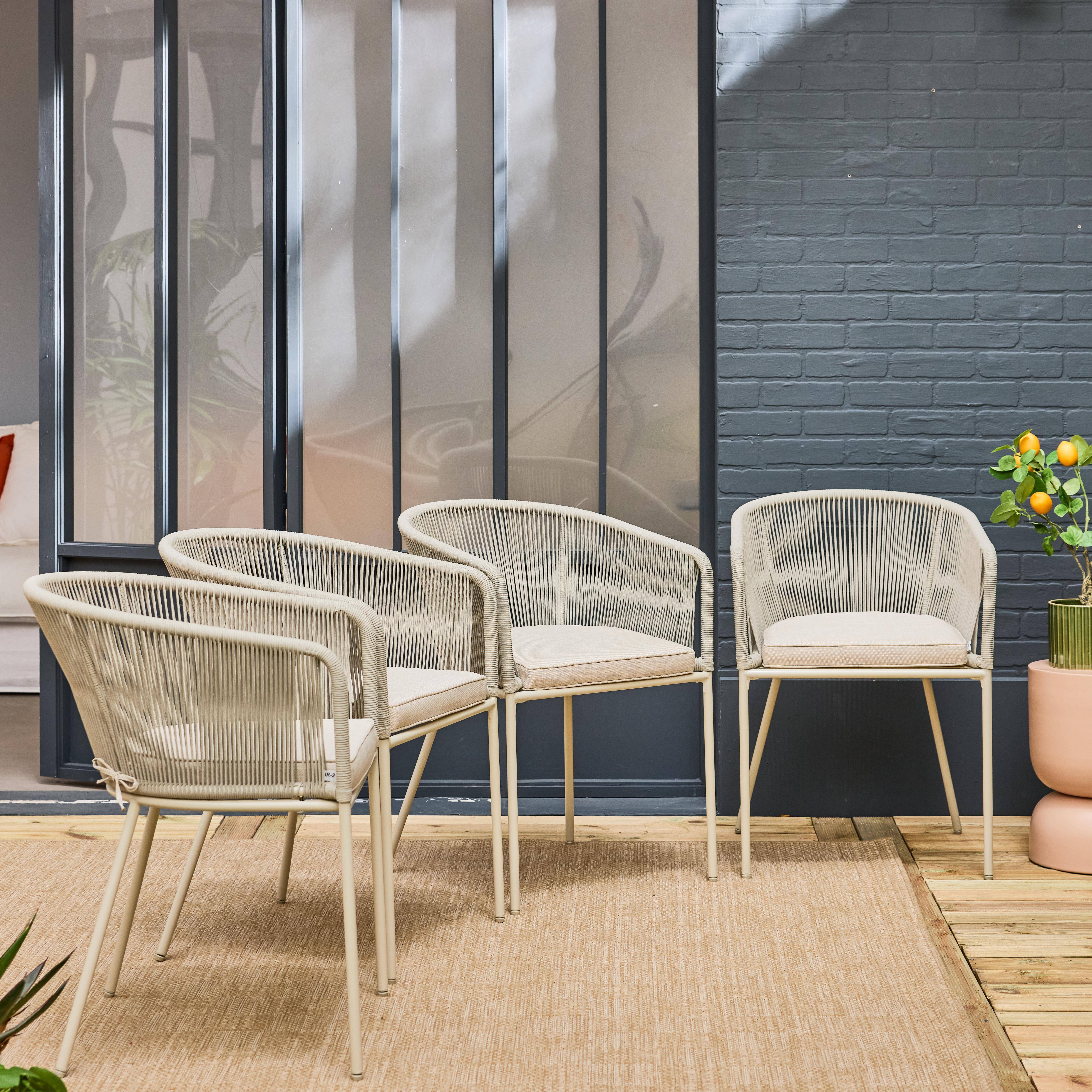 Set van 4 beige tuinstoelen van touw en gegalvaniseerd staal, beige kussens Photo2