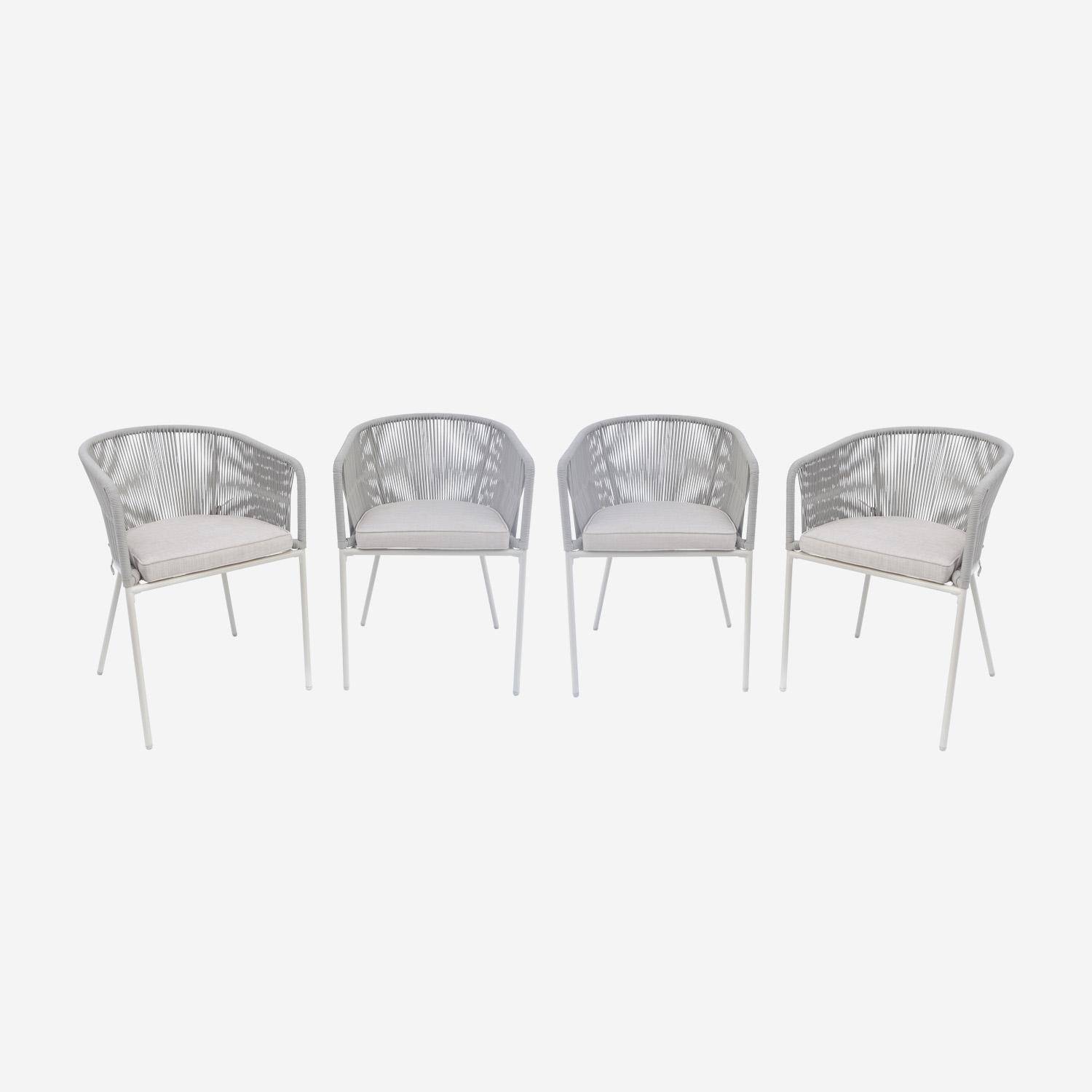 Set van 4 beige tuinstoelen van touw en gegalvaniseerd staal, beige kussens Photo3