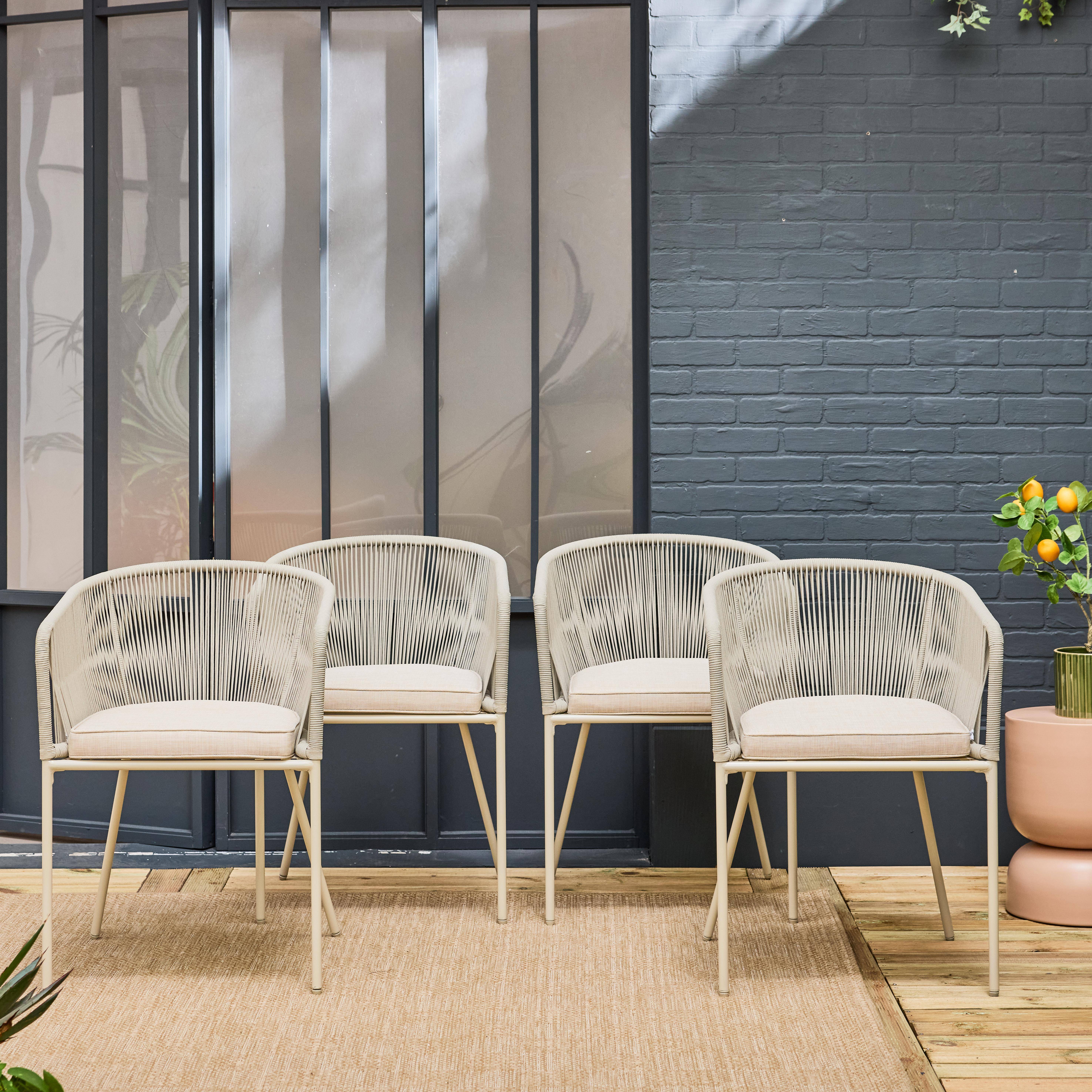 Set van 4 beige tuinstoelen van touw en gegalvaniseerd staal, beige kussens Photo1