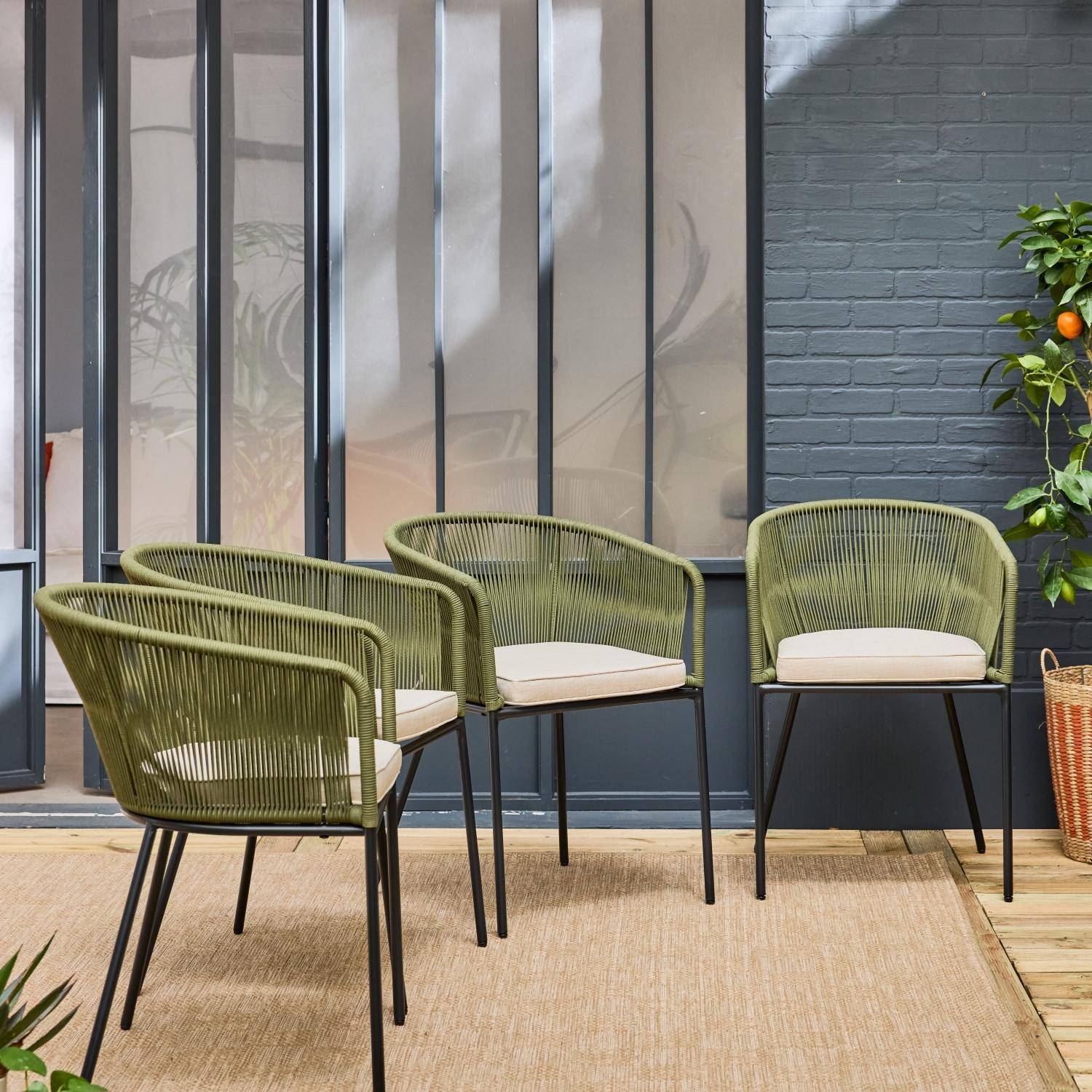 Lot de 4 fauteuils de jardin en corde kaki et acier galvanisé, coussins beige ,sweeek,Photo2