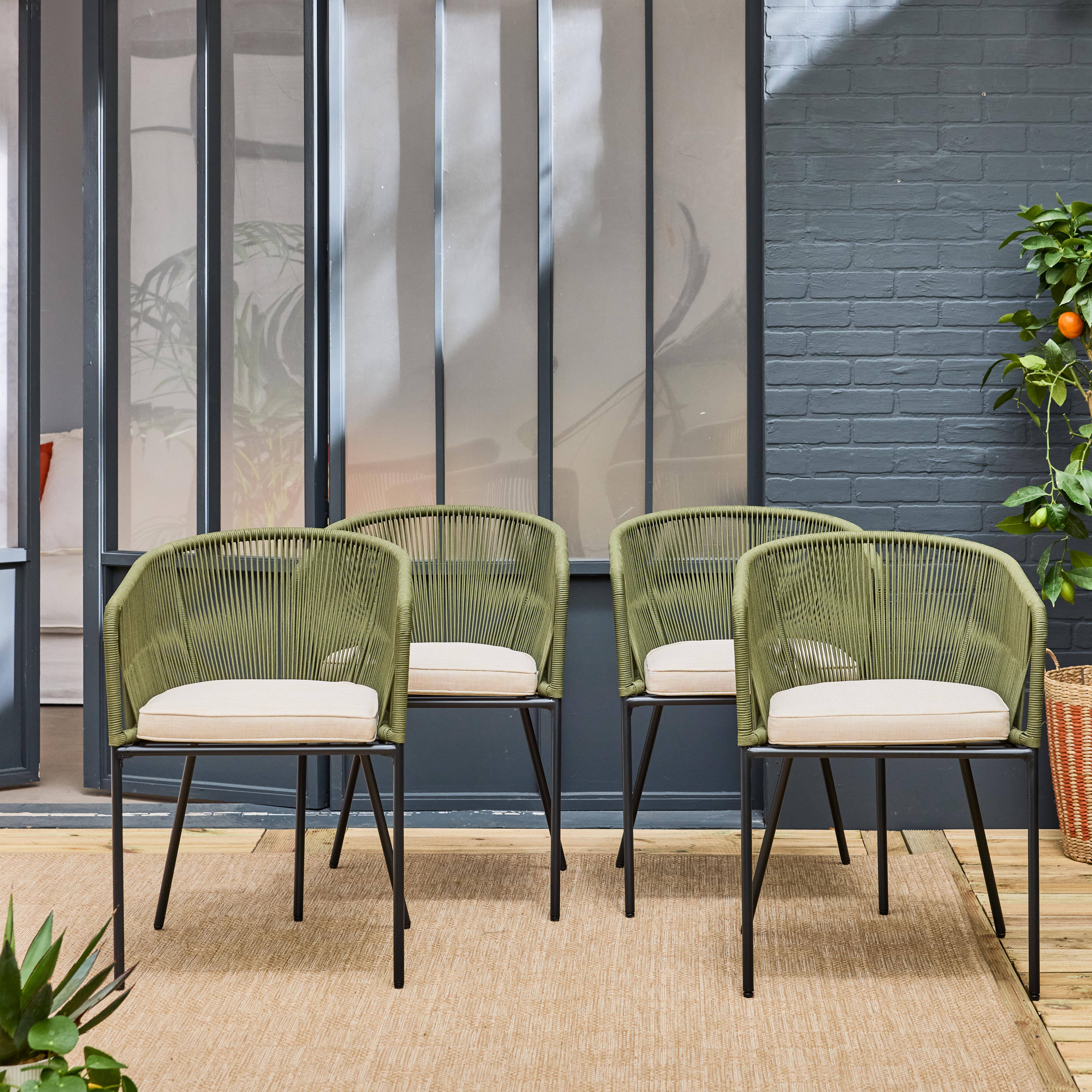 Lot de 4 fauteuils de jardin en corde savane et acier galvanisé, coussins beige ,sweeek,Photo1