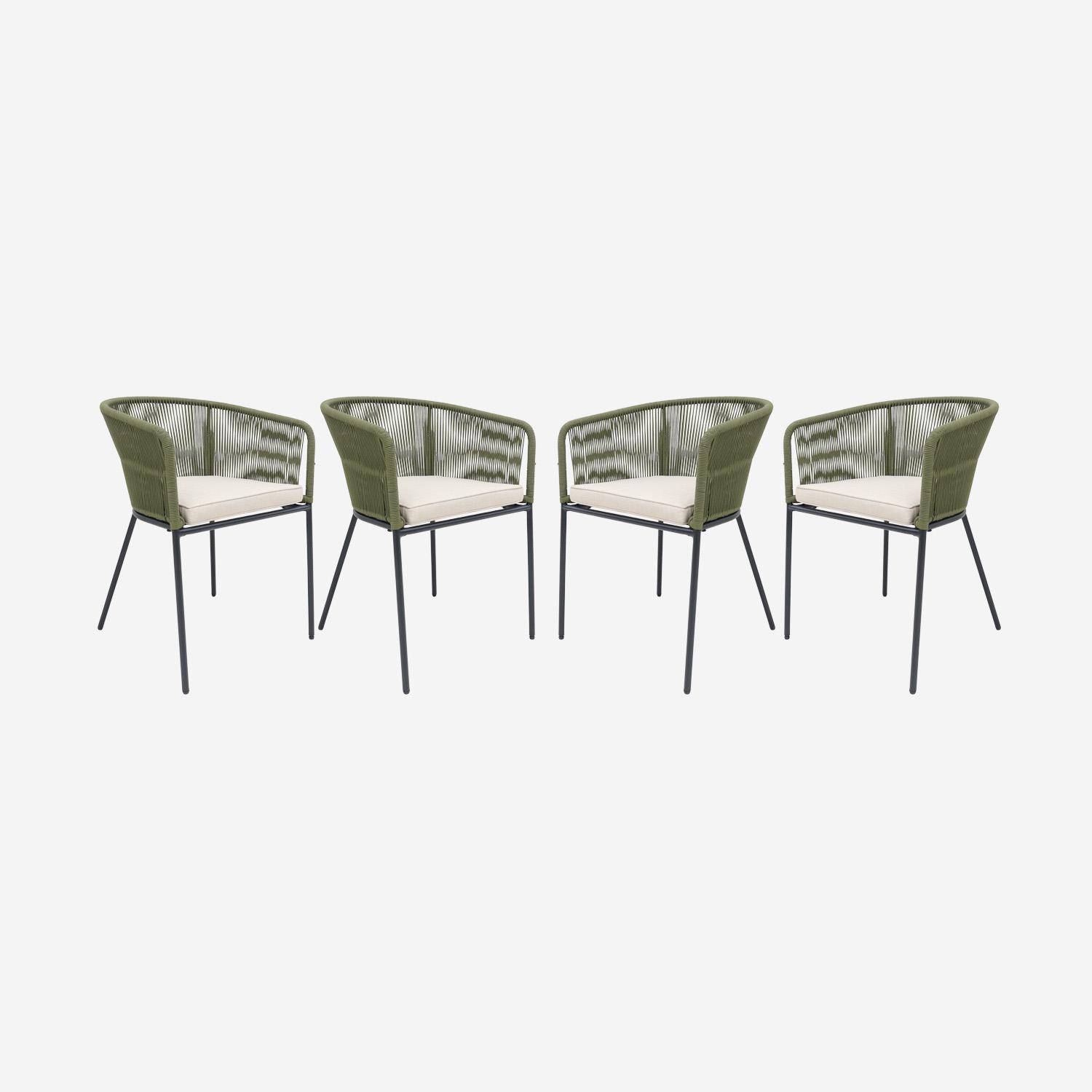 Lot de 4 fauteuils de jardin en corde savane et acier galvanisé, coussins beige ,sweeek,Photo3
