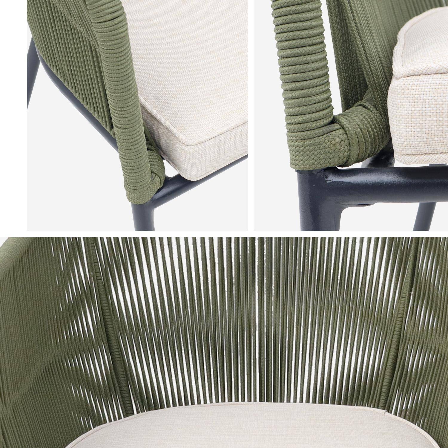 Lot de 4 fauteuils de jardin en corde kaki et acier galvanisé, coussins beige ,sweeek,Photo4