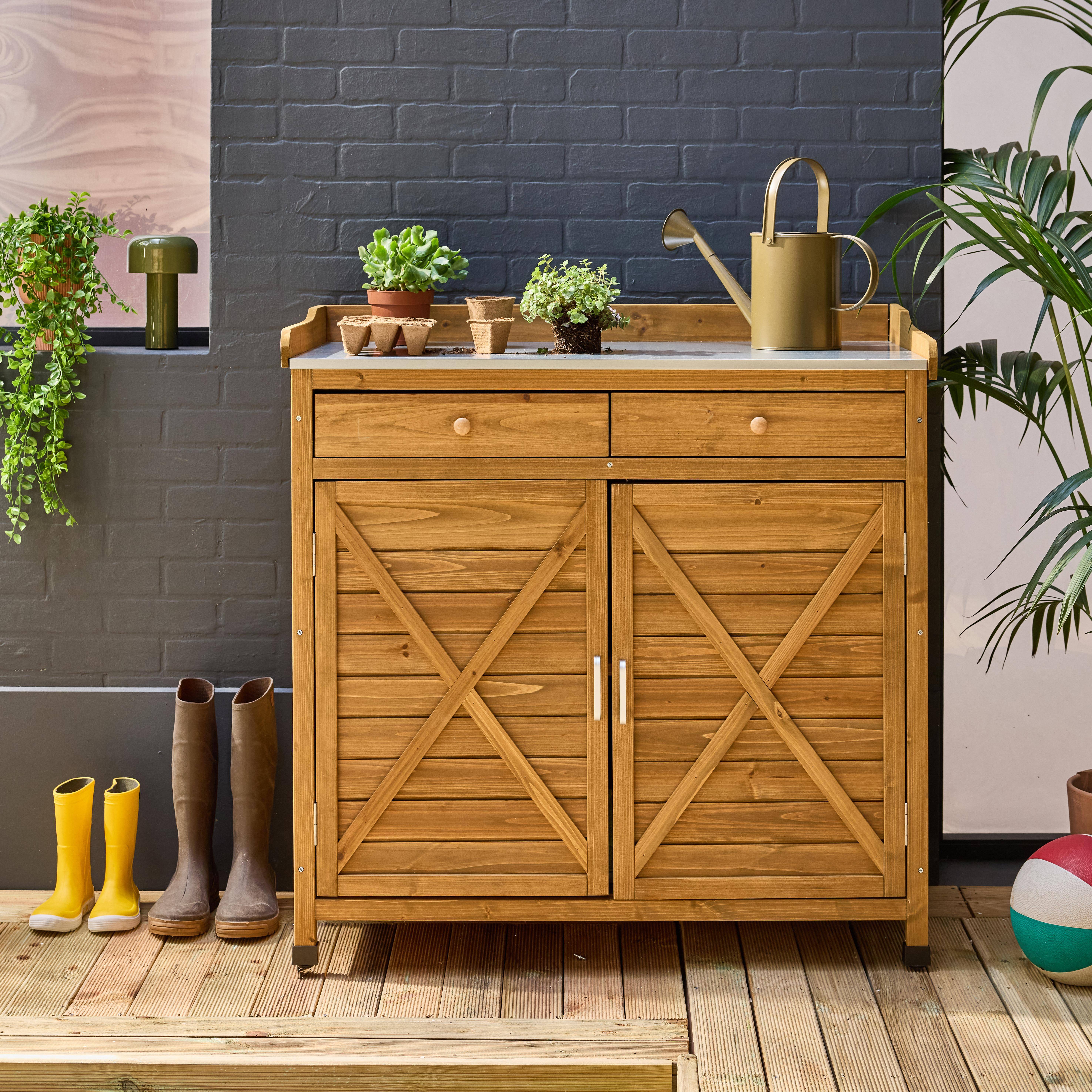 Pflanztisch aus Tannenholz mit 2 Türen und 2 Schubladen, naturfarben B 102 x T 52,5 x H 103,5cm - Azalee Photo1