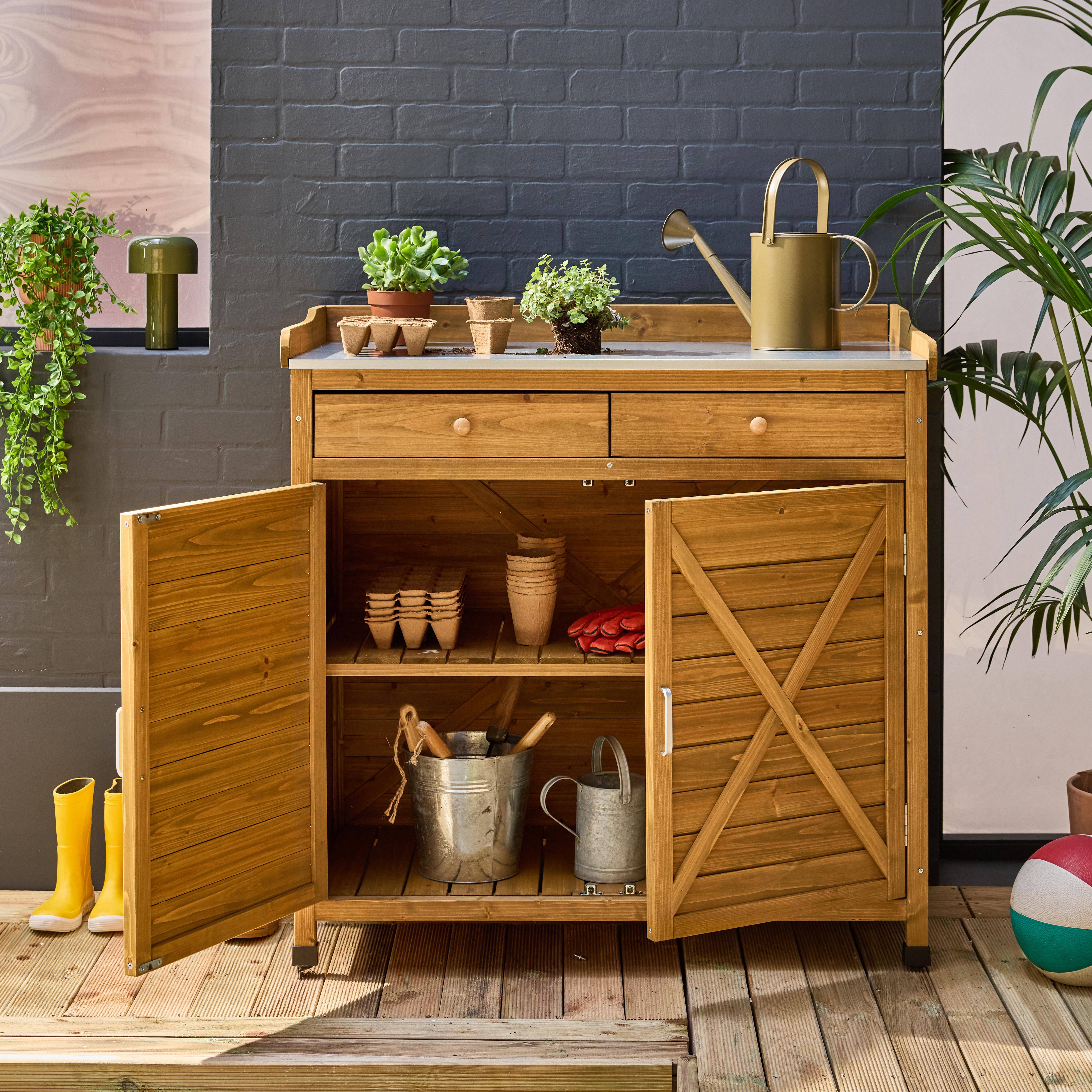 Pflanztisch aus Tannenholz mit 2 Türen und 2 Schubladen, naturfarben B 102 x T 52,5 x H 103,5cm - Azalee Photo2