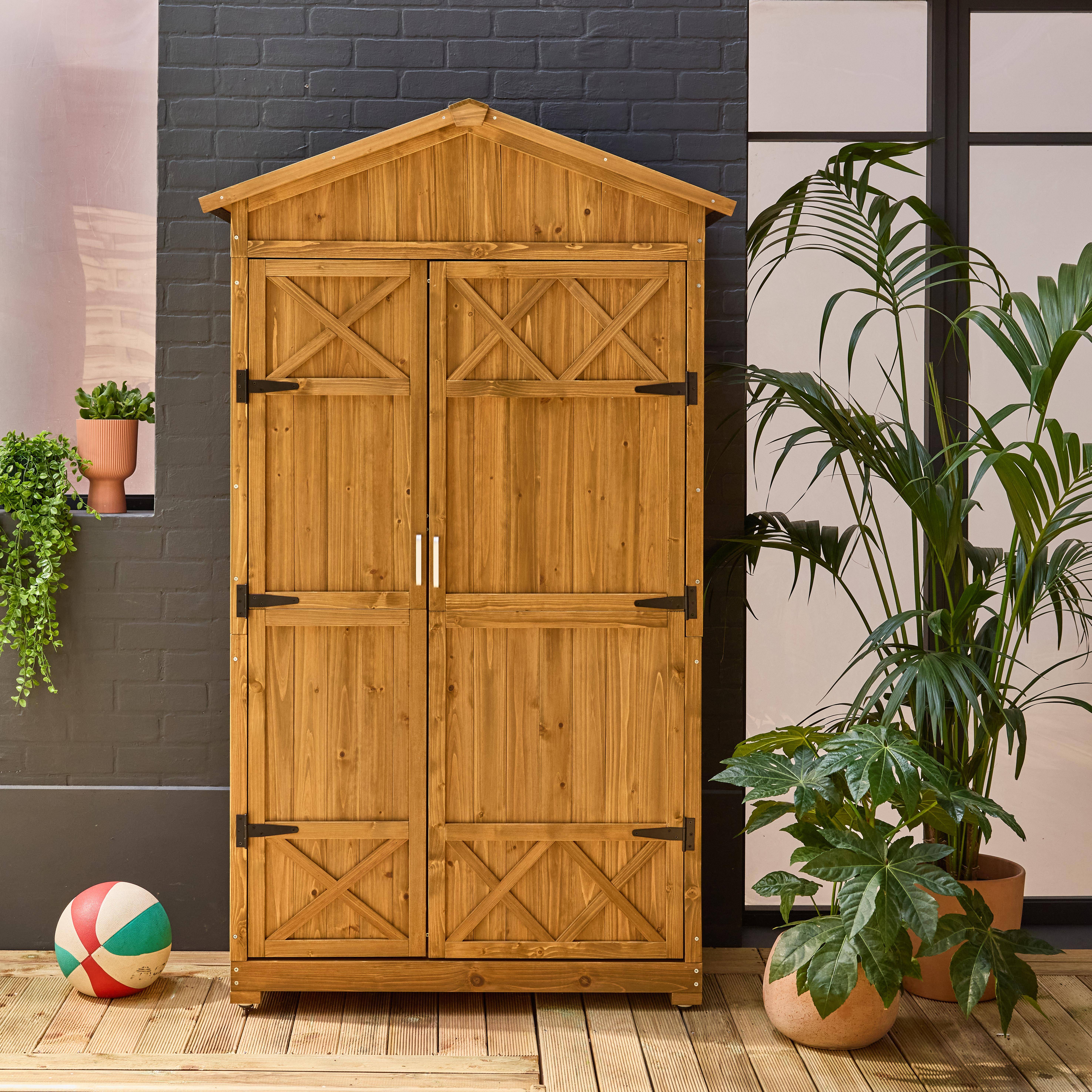 Gartenschuppen 105 cm aus Tannenholz, naturfarben, 6 Stauräume, B 105 x T 55,5 x H 178,5 cm - Ancolie Photo1