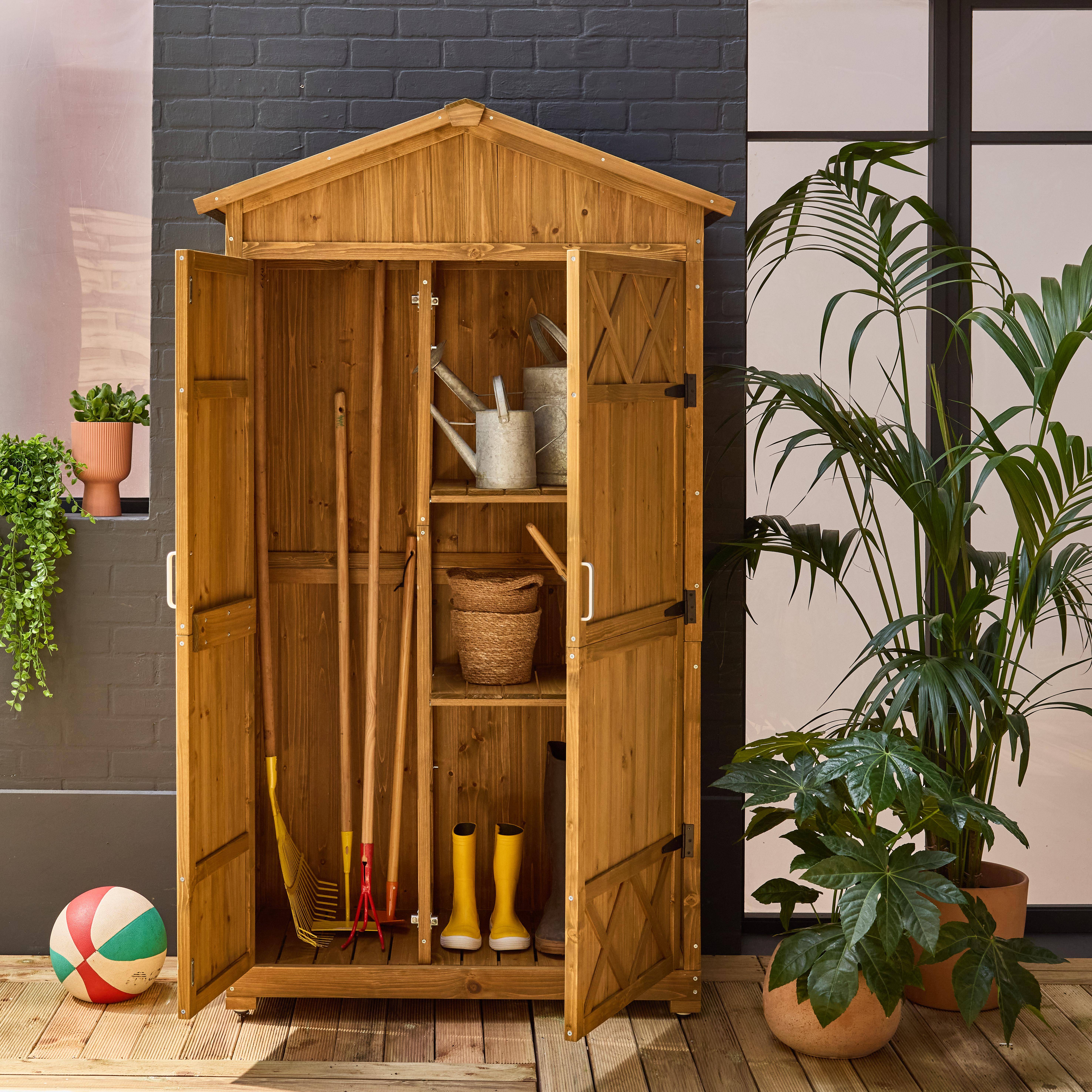 Gartenschuppen 105 cm aus Tannenholz, naturfarben, 6 Stauräume, B 105 x T 55,5 x H 178,5 cm - Ancolie Photo2
