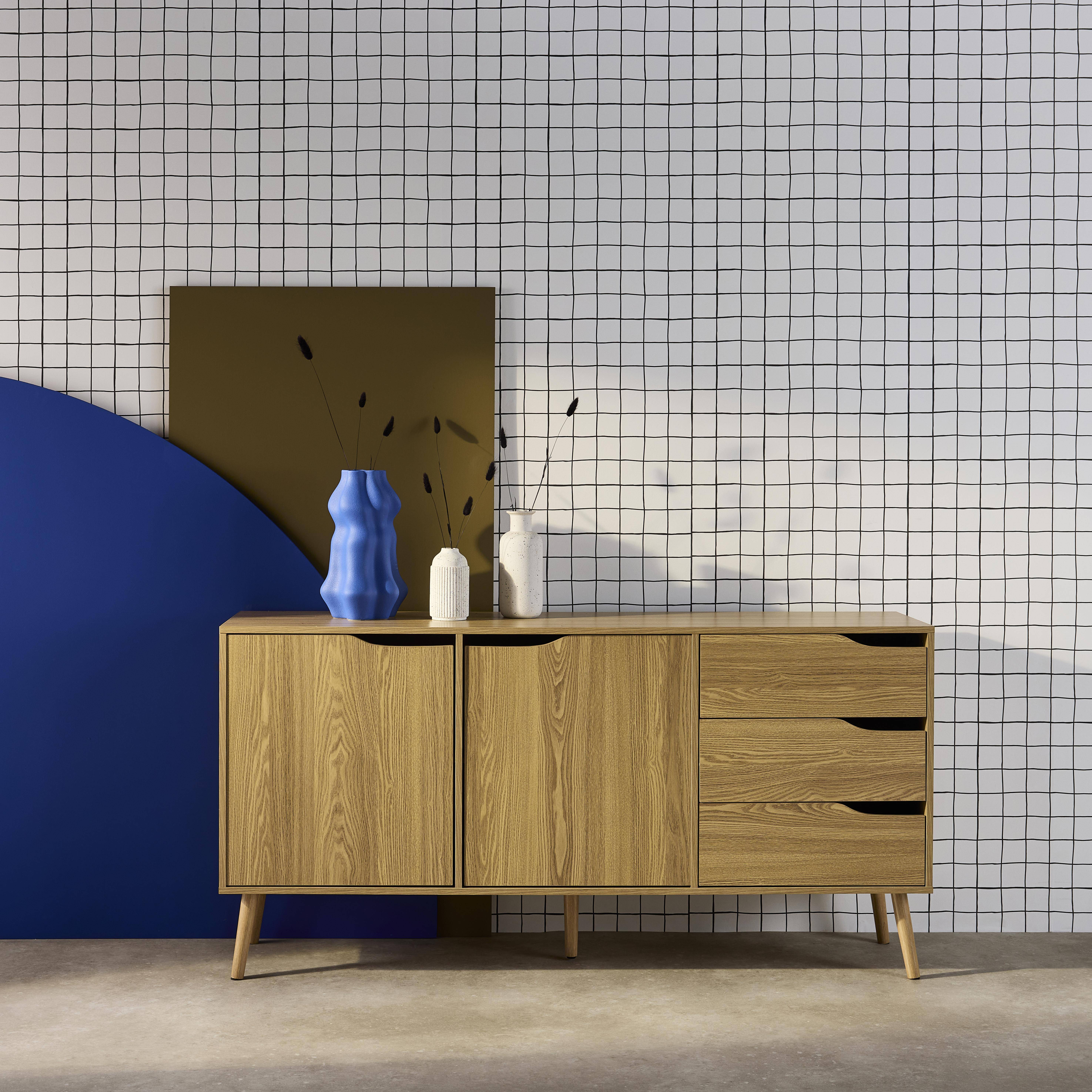 Buffet de rangement scandinave, buffet haut, vaisselier, 2 portes, 3 tiroirs, effet frêne, 160cm Photo1