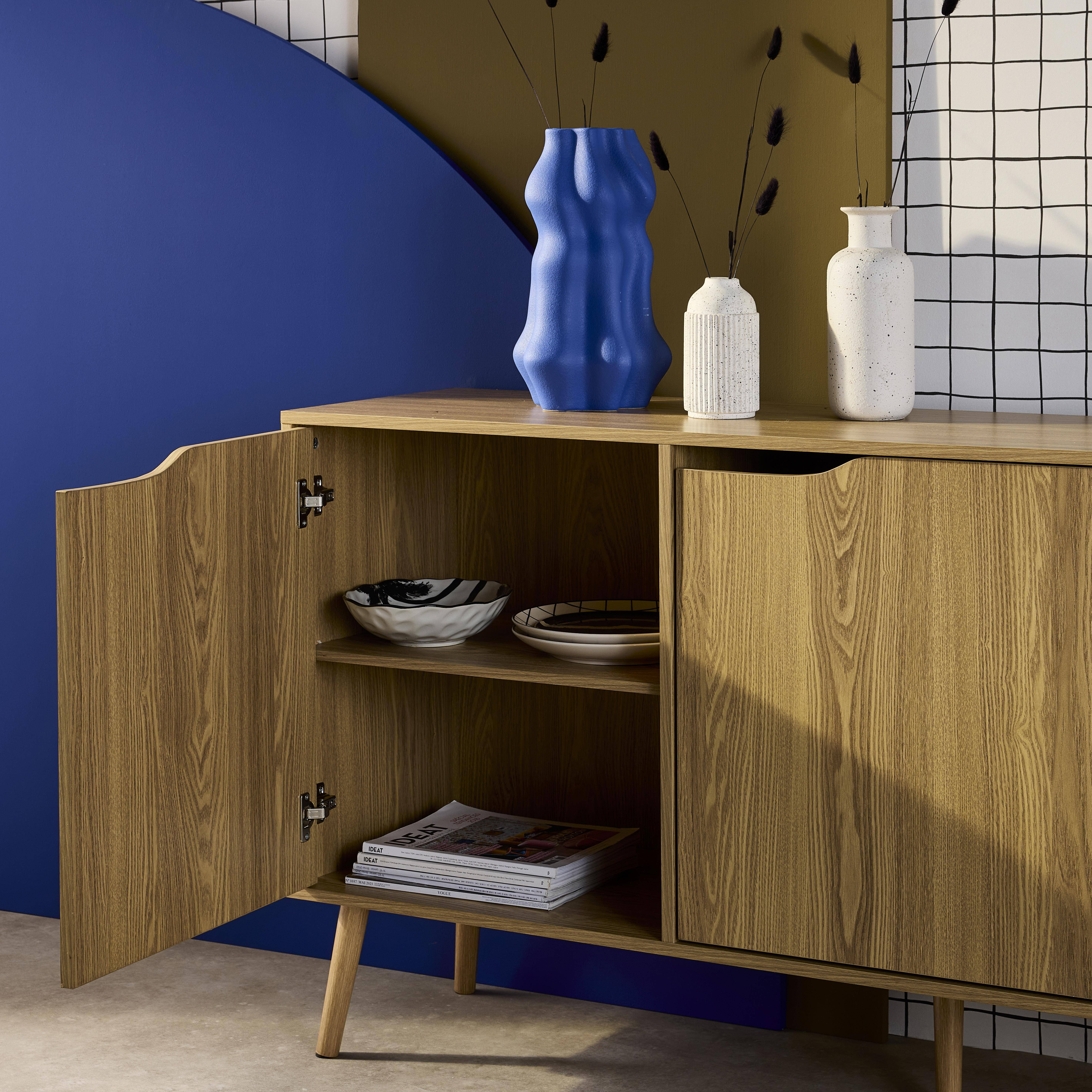 Buffet de rangement scandinave, buffet haut, vaisselier, 2 portes, 3 tiroirs, effet frêne, 160cm Photo3