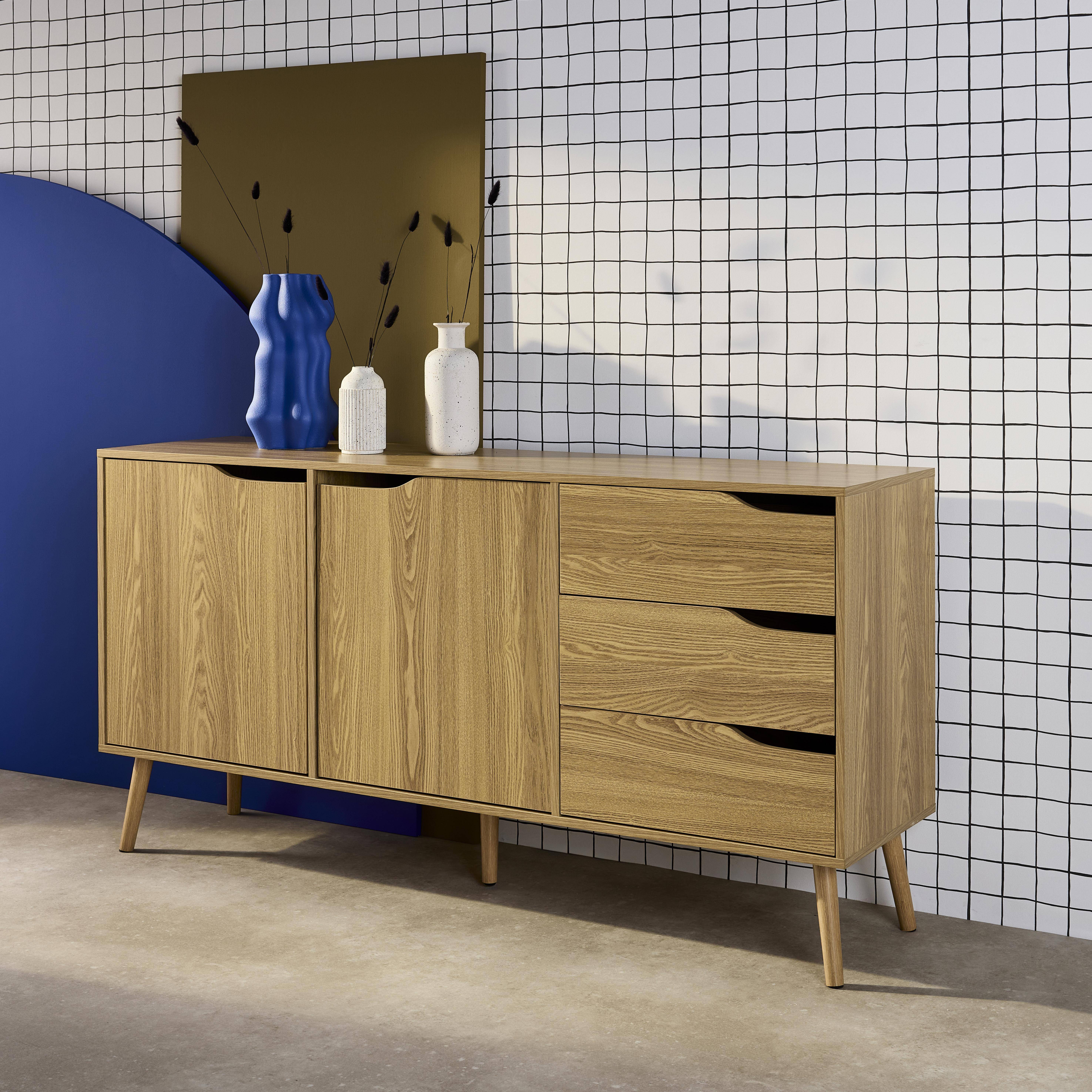 Buffet de rangement scandinave, buffet haut, vaisselier, 2 portes, 3 tiroirs, effet frêne, 160cm Photo2
