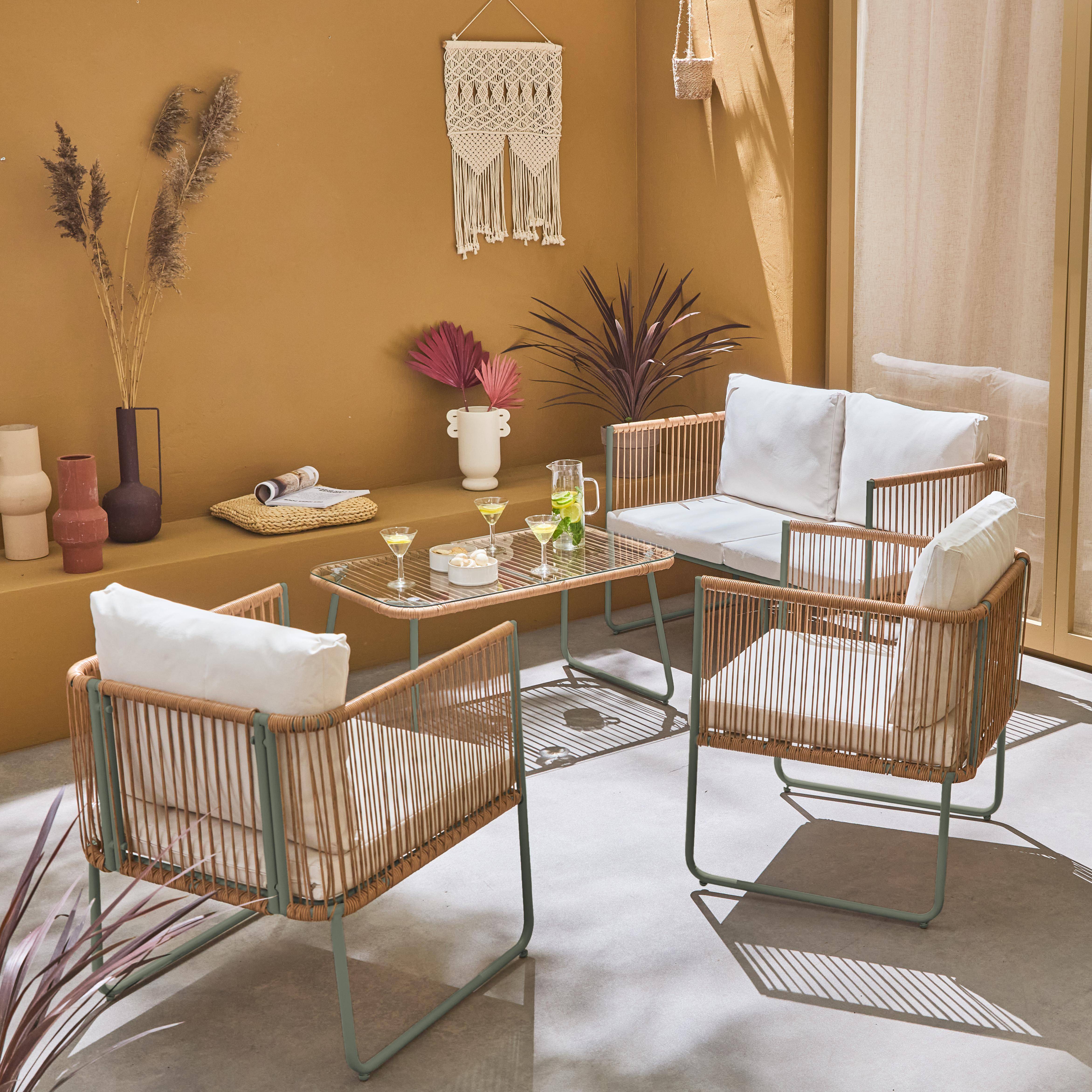 Salon de jardin en corde résine plastique et acier galvanisé, table basse en verre trempé, 4 places, L 115 x 60 x 68cm Photo2