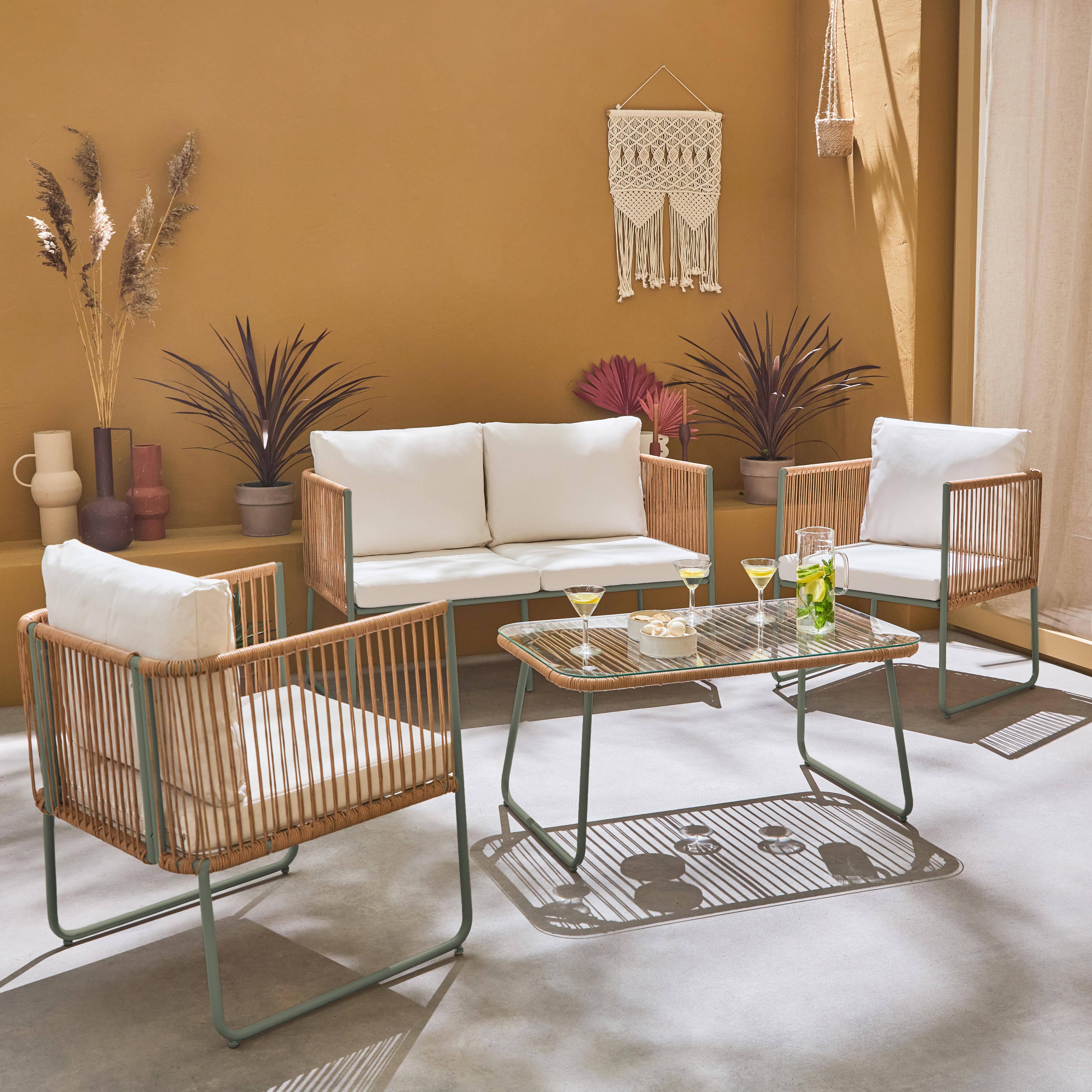 Salon de jardin en corde résine plastique et acier galvanisé, table basse en verre trempé, 4 places, L 115 x 60 x 68cm Photo1