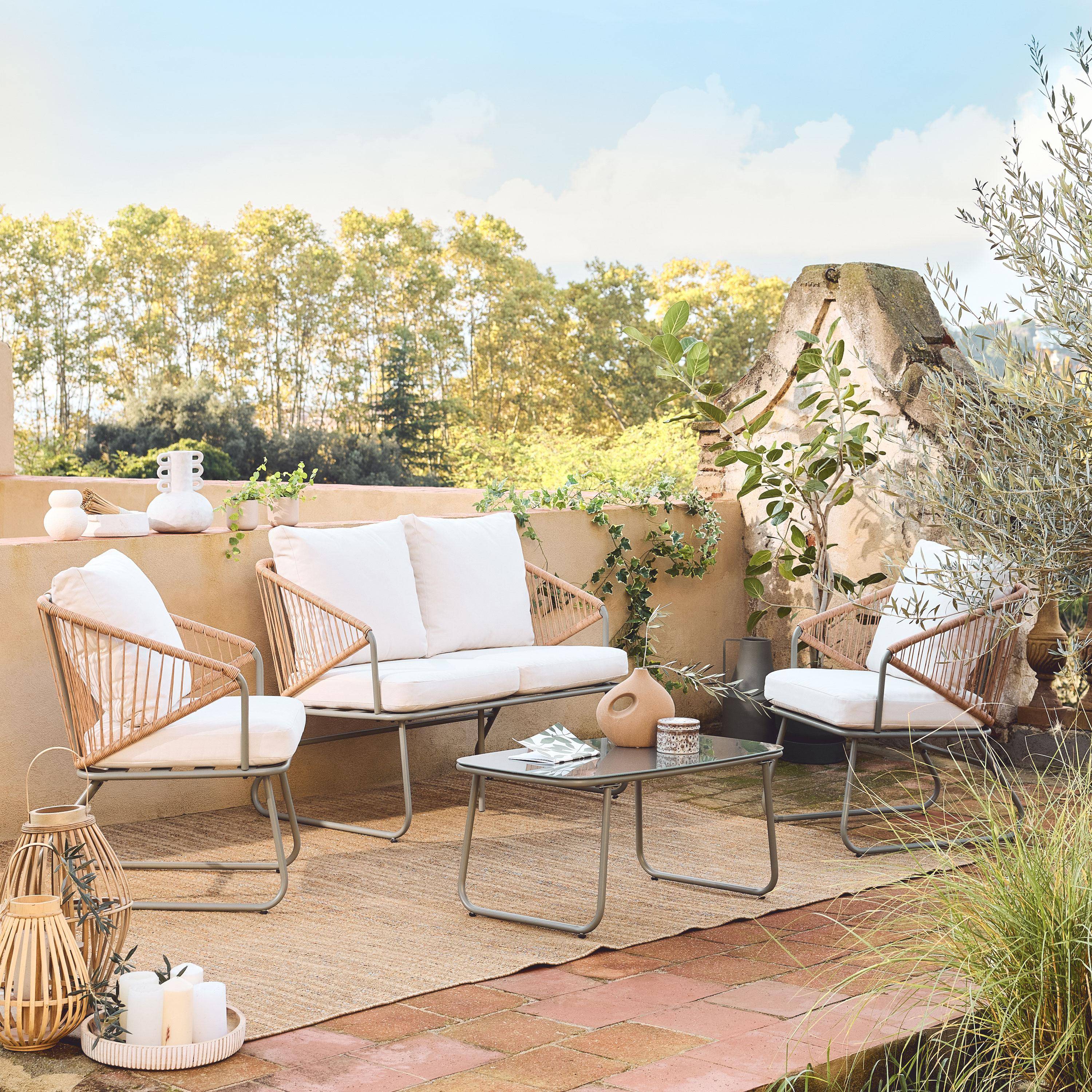 Loungeset van metaal en natuurlijk hars, touweffect, beige kussens, savane kleur, 4 zits Photo1
