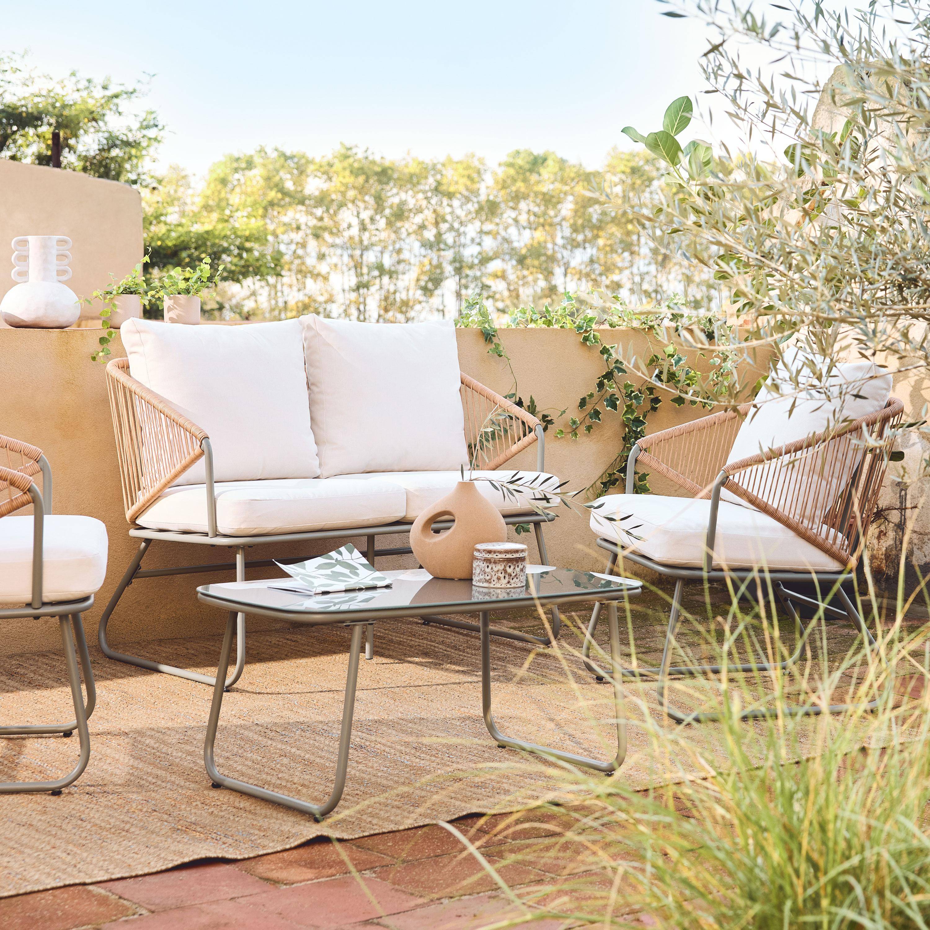 Loungeset van metaal en natuurlijk hars, touweffect, beige kussens, savane kleur, 4 zits Photo2