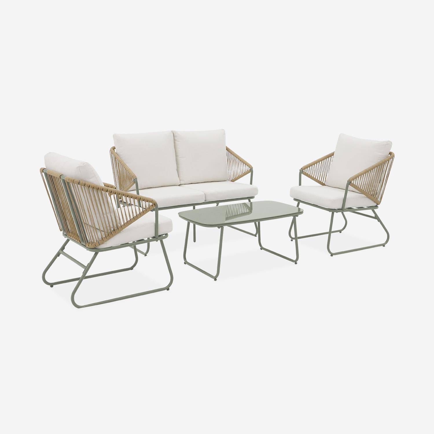 Loungeset van metaal en natuurlijk hars, touweffect, beige kussens, savane kleur, 4 zits Photo6