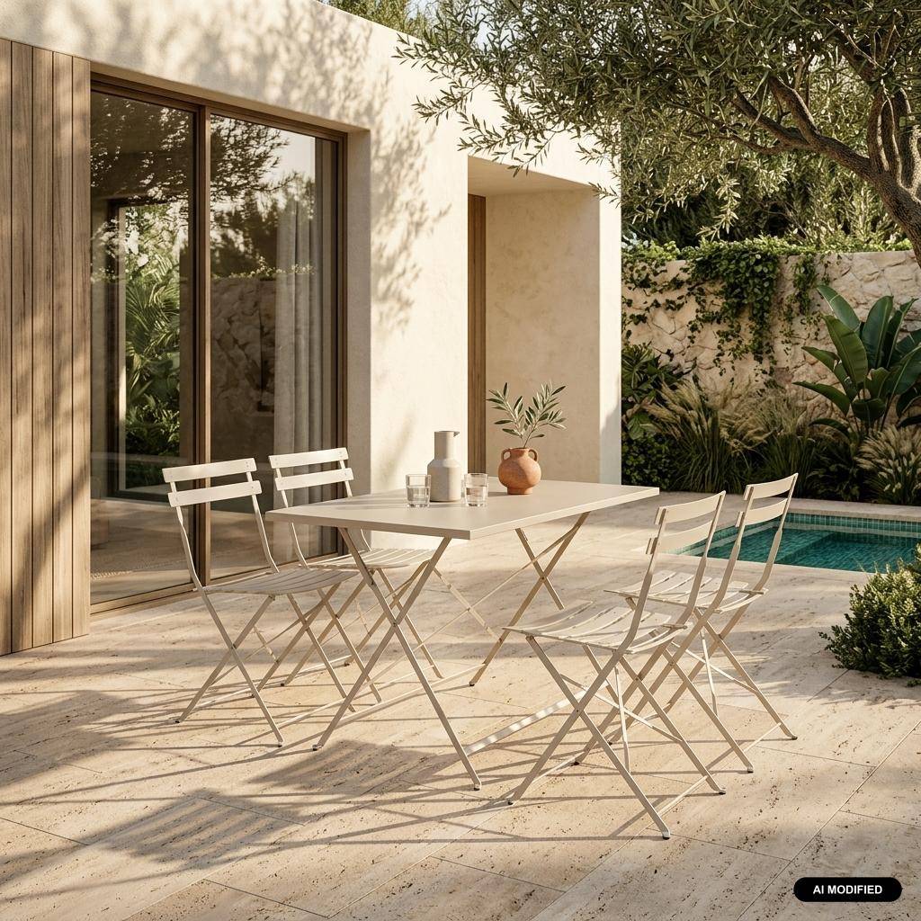Set tavolo da giardino pieghevole in acciaio con 4 sedie, 110cm Beige - 110x70x72 cm Photo1