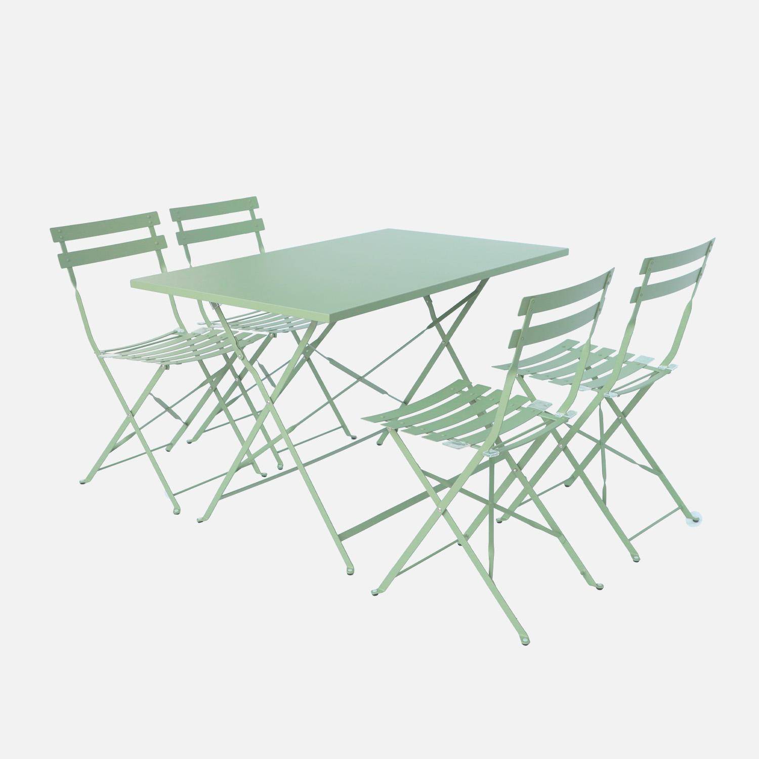 Klappbare Bistro-Gartengarnitur, rechteckiger Tisch 110 x 70 cm, mit vier Klappstühlen, pulverbeschichteter Stahl, graugrün - Emilia,sweeek,Photo1