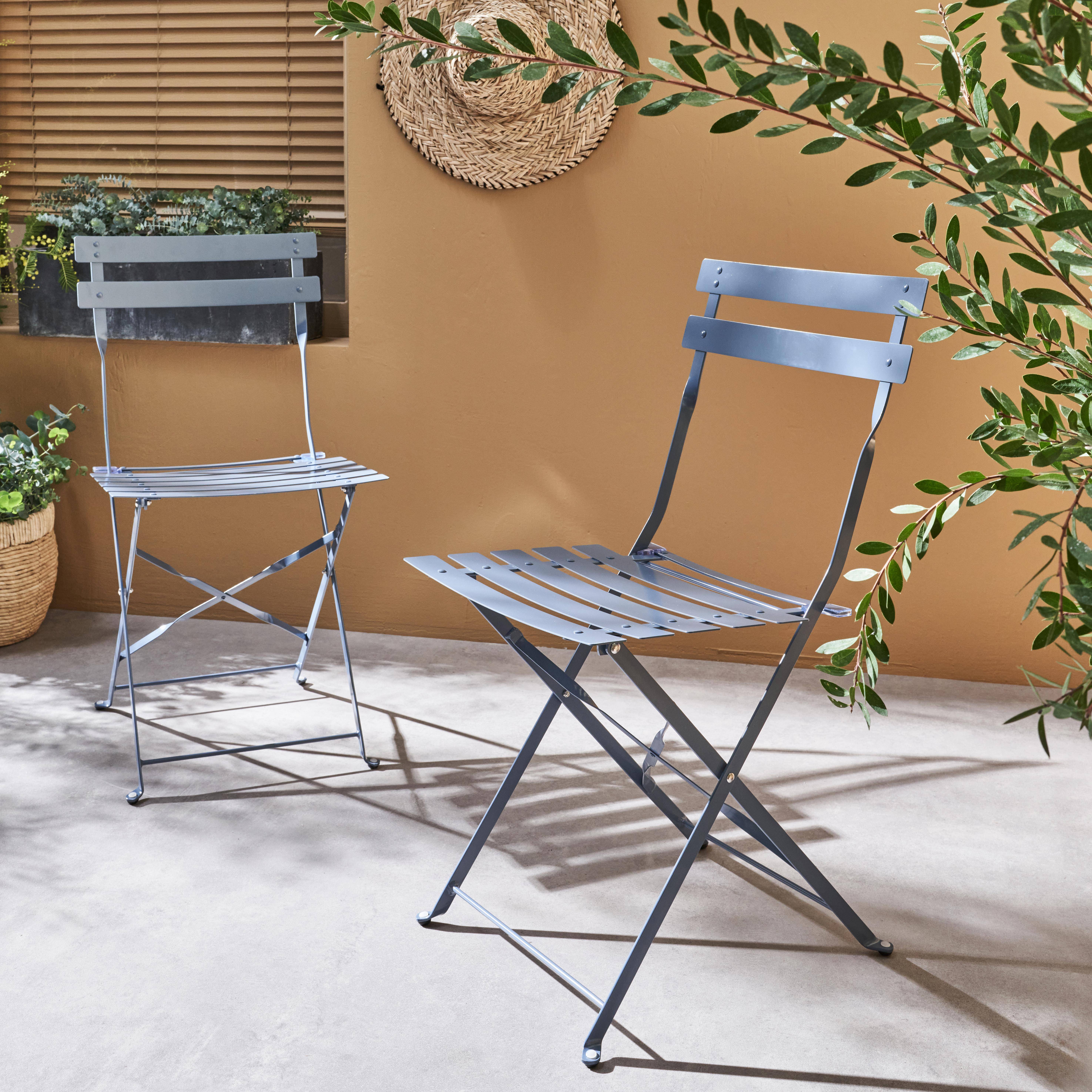 Set of 2 folding bistro garden chairs in powder-coated steel, Emilia, blue-grey, 49.5 x 41 x 80.5cm Photo1