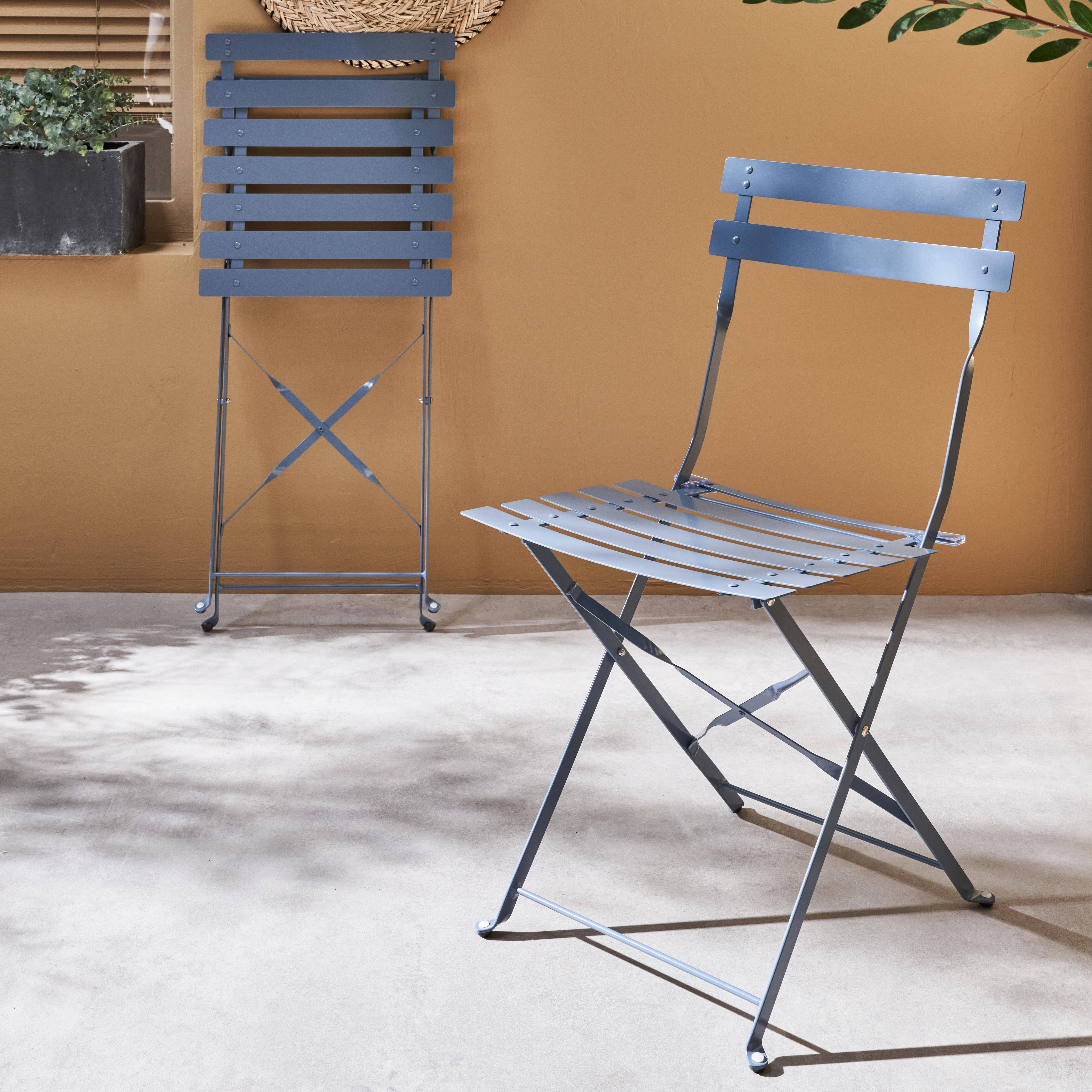 Set of 2 folding bistro garden chairs in powder-coated steel, Emilia, blue-grey, 49.5 x 41 x 80.5cm,sweeek,Photo2