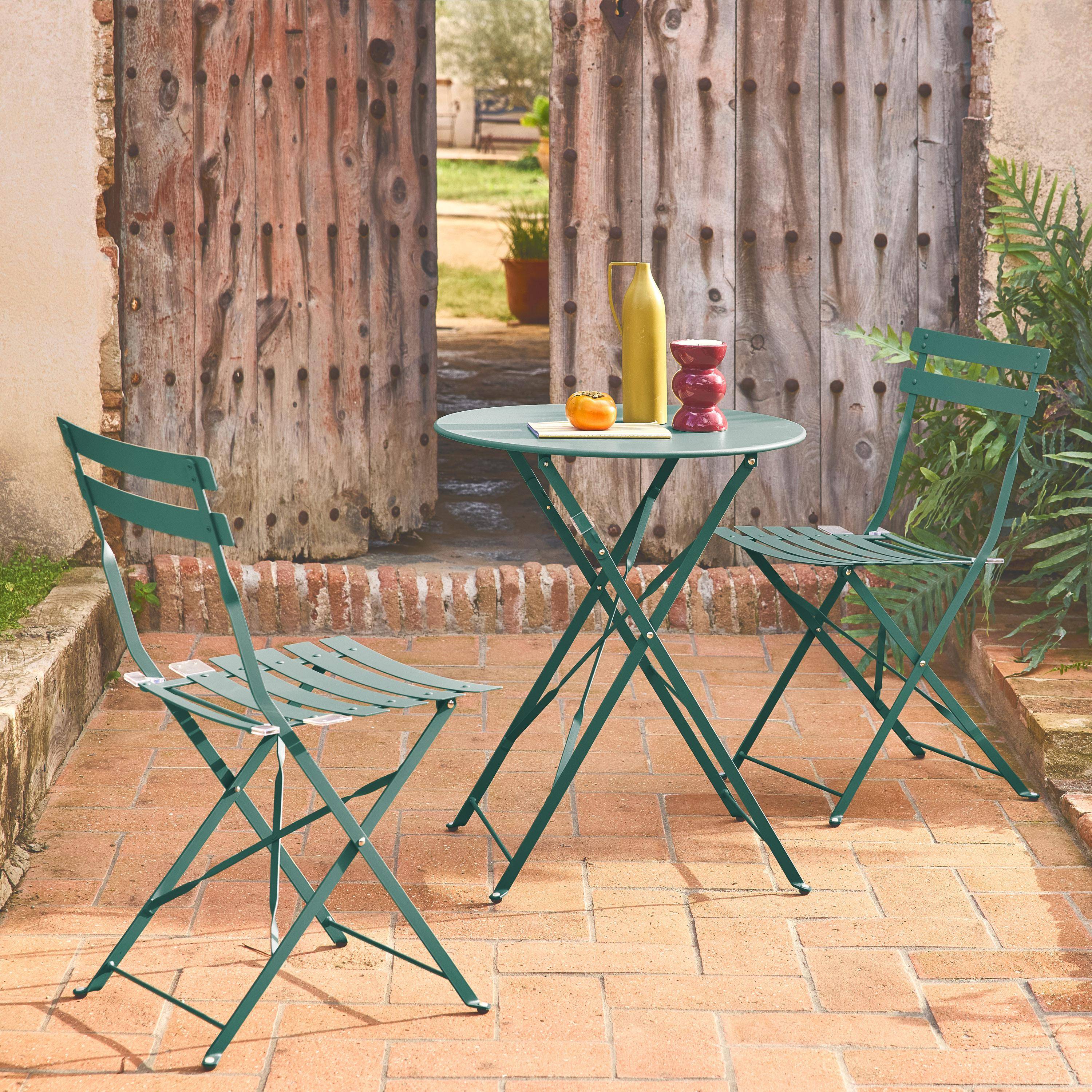 Mesa de jardim bistrô dobrável em metal, 2 cadeiras, Emilia, Azul esverdeado, 60x60x71 cm Photo1