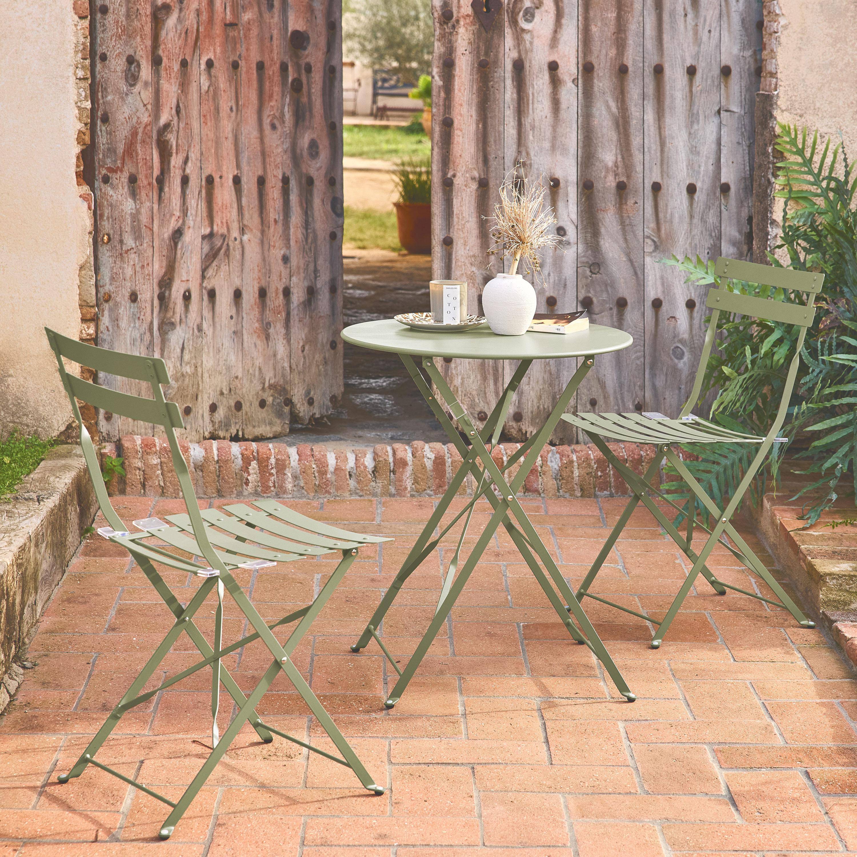 Folding metal bistro garden table with 2 chairs, Emilia, Sage Green, 60x60x71 cm Photo1